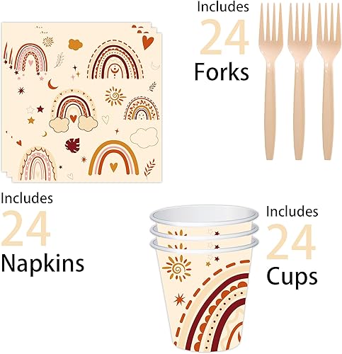 Miniatura 3 de 120 piezas de decoraciones de fiesta de arco iris bohemias, suministros desechables para fiestas, platos, tazas, servilletas, tenedores,