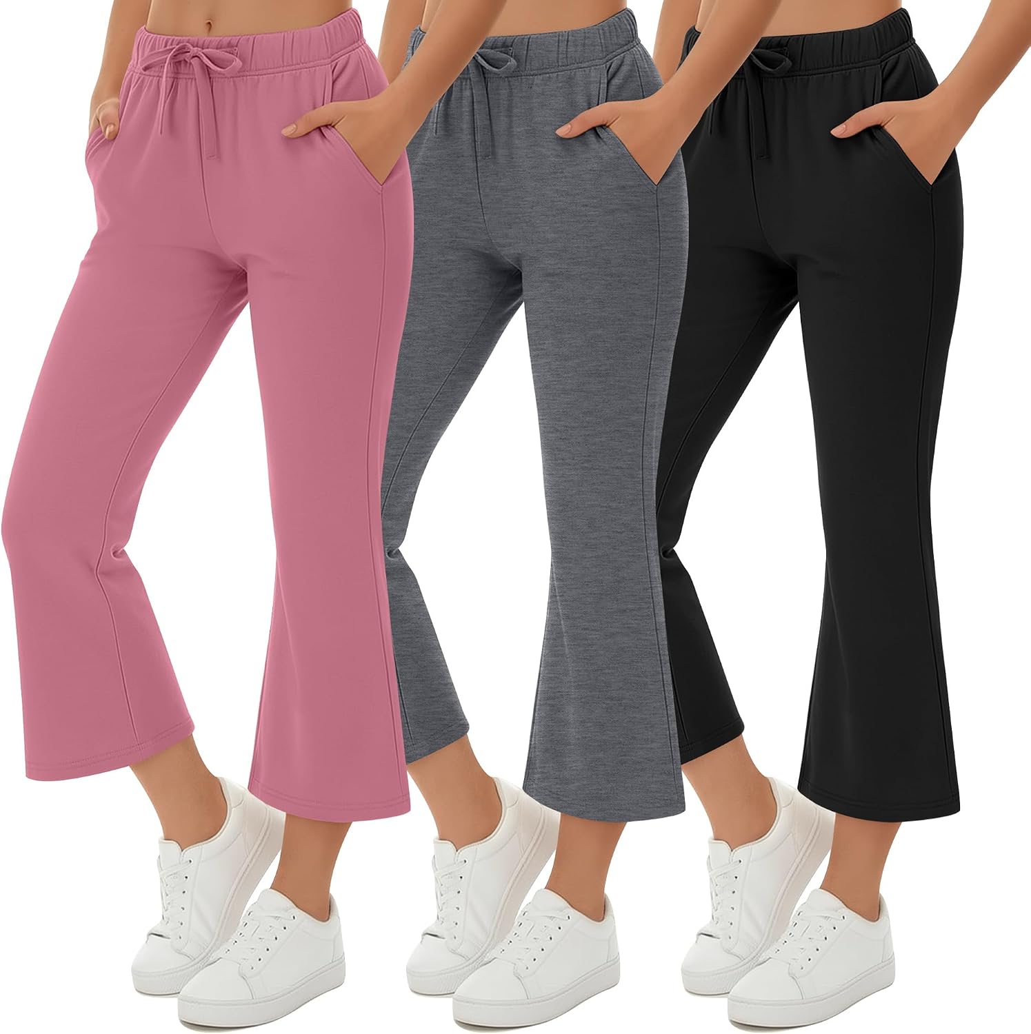 3 Pack Girls Flare Capri Pants Wide Leg Athletic Drawstring Bell Bottoms Elastic 3/4 Cropped Sweatpants Pockets