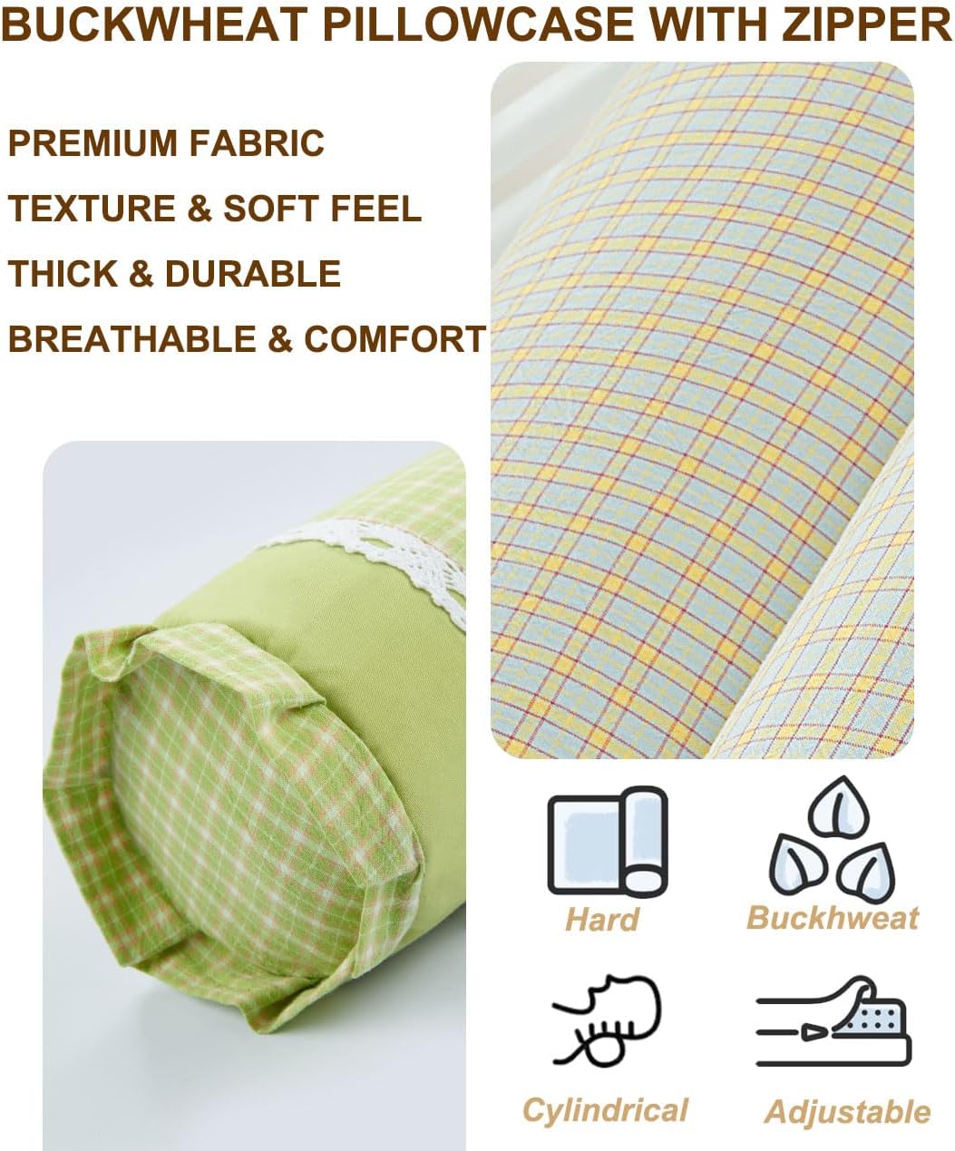 Buckwheat Neck Roll Pillow, Adjustable Bolster Cylinder Pillows with Plaid & Lace Trim Pillowcase, Firm Cervical Support Round Pillows Neck Pain Relief for Nap (16" x 4") (Green) - Image 4