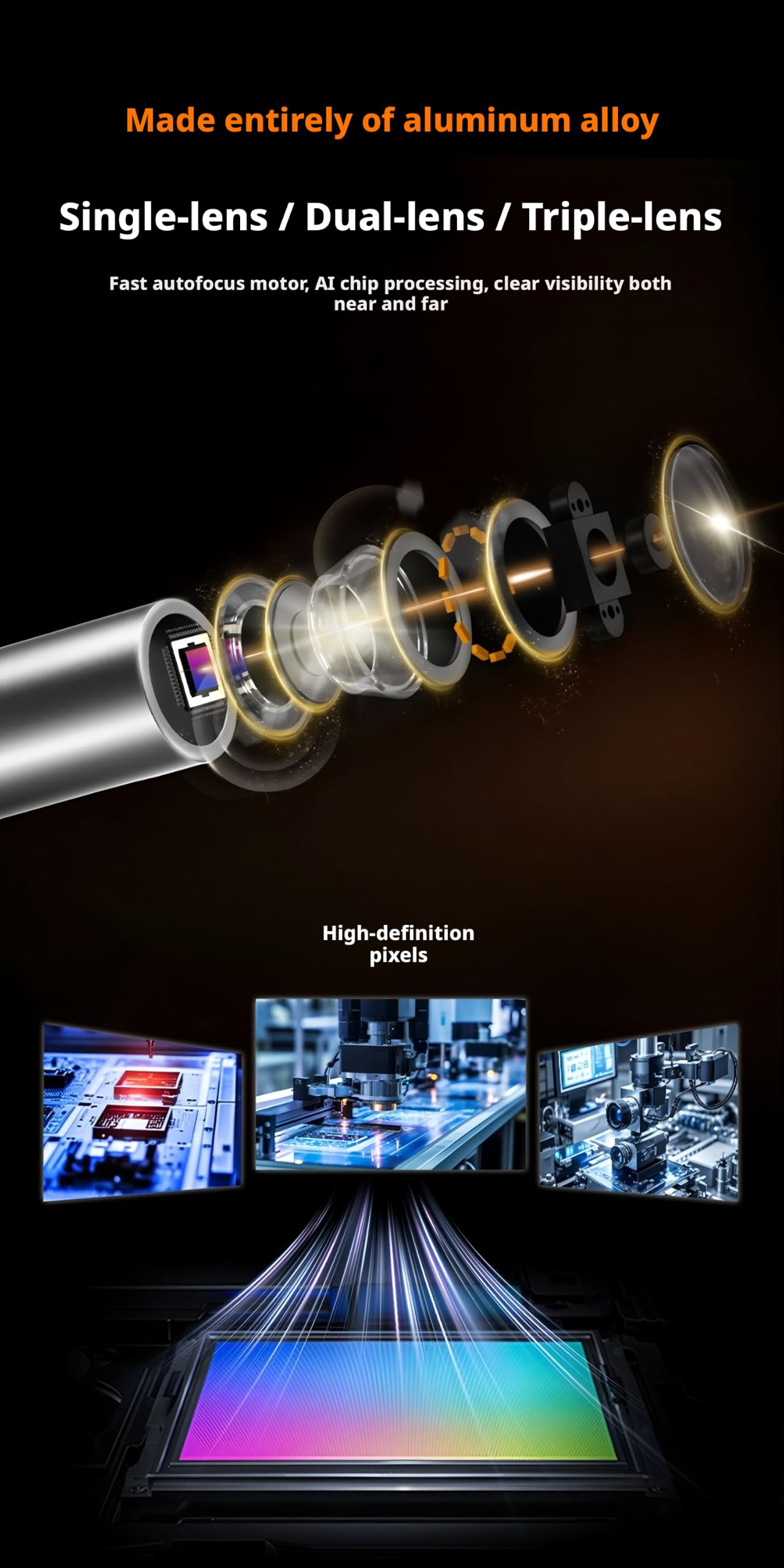 Borescope HJ-S70 Endoscope 8mm 15M Dual Lens 1080P