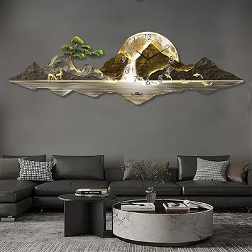Landscape Painting 3D Wall Art Clock Stylish Modern Wall Clocks Silent with Light,Large 3D Creative Decorative Clock,for Office, Home, Bathroom, Bedroom, SchoolGold 3,31.5 * 10.2in