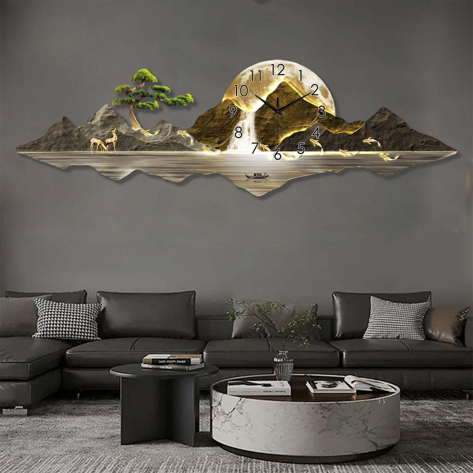 MESCXTY Landscape Painting 3D Wall Art Clock Stylish Modern Clocks Silent with Light,Large Creative Decorative Clock,for Office, Home, Bathroom, Bedroom, School(Gold 3,59 * 19.7in)