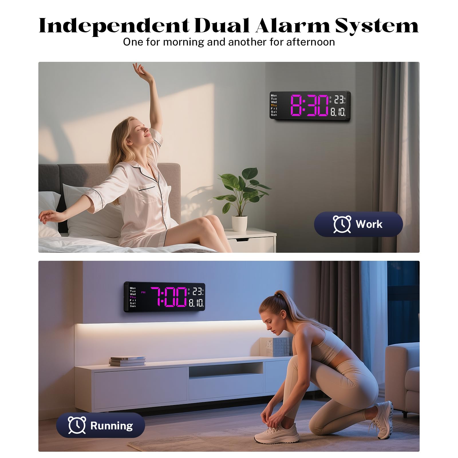 Orologio da parete digitale, con ampio display LED da 40,6 cm, con telecomando, orologio da parete a LED con luce notturna a 8 colori RGB, sveglia, data, settimana, temperatura, DST, per