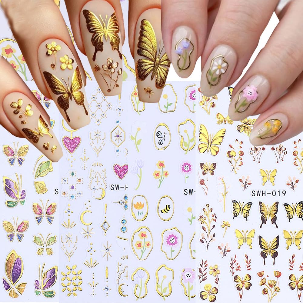 – 4 Sheets Gold Butterfly Nail Art Stickers, 3D Self-Adhesive Flower Leaf Boho Butterfly Nail Decals, Nail Supplies, Nail Art Designers Accessories for Women and Girls, Manicure DIY Decoration