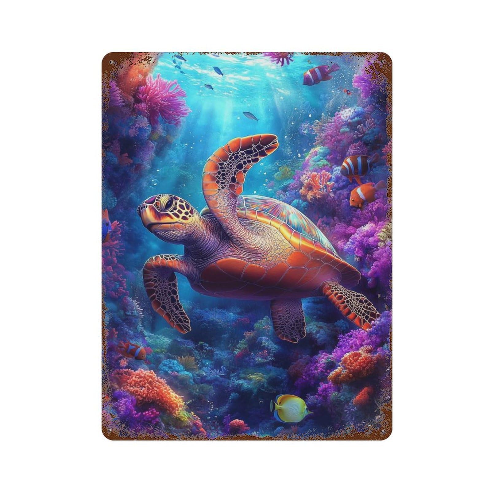 Garage Style Sea Turtle in Coral Reef Rust Effect Tin Sign 15.7"x11.8", Vintage Wall Decor for Bar And Workshop