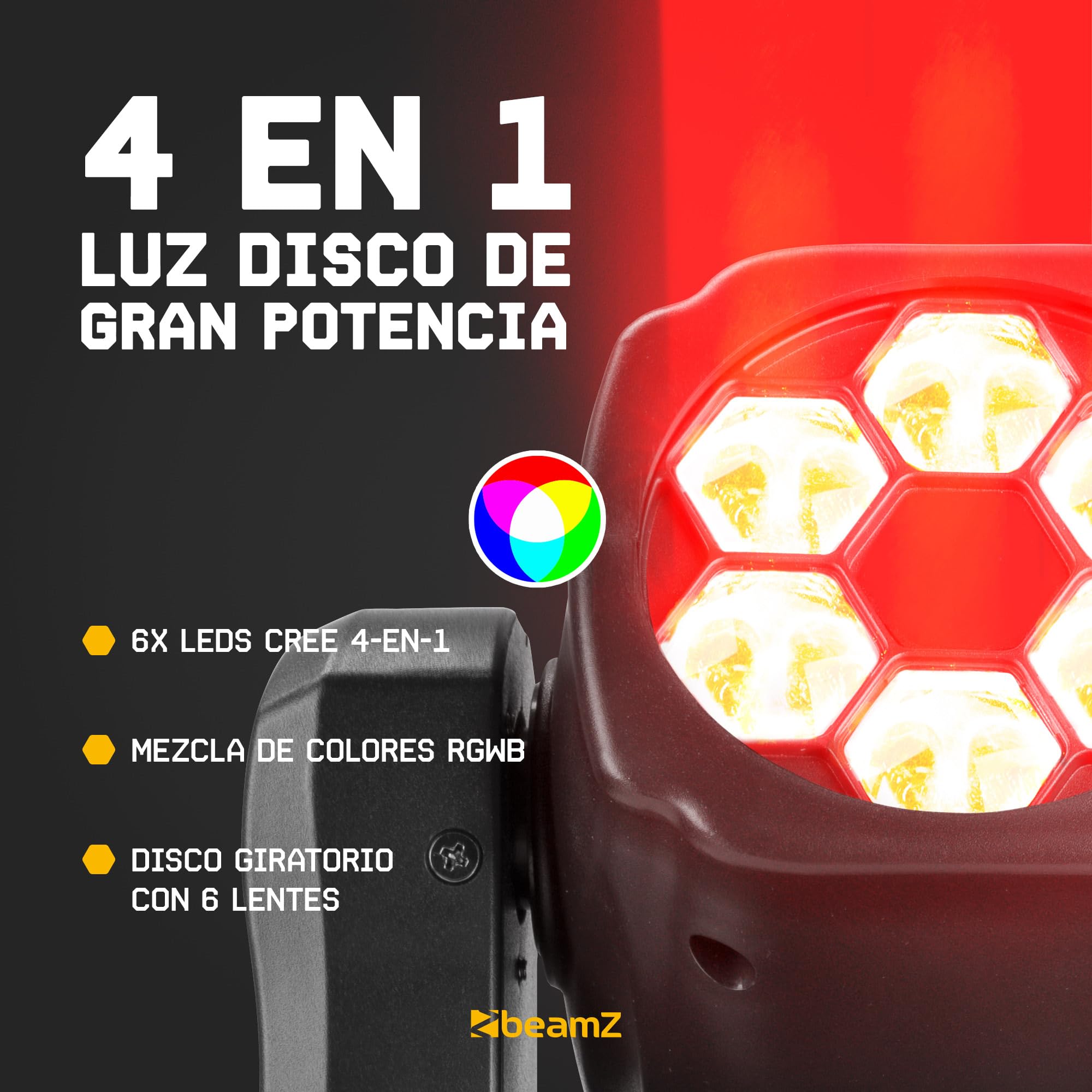 BeamZ Panther 80 Cabeza Móvil con 6 Lentes Rotativas, 12W Led CREE RGBW, DMX, Función Master/Esclavo, Shows Preset, Foco Luz Movil Activo al Ritmo de la Música