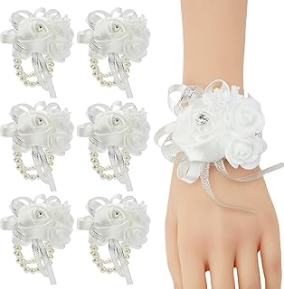 Meldel White Wrist Corsages for Prom, Set of 6, Rose Wedding Wrist Corsage for Bridal Bridesmaid Girl Women, Fake Wrist Flower for Mother of Bride, Artificial Hand Flower for Homecoming Anniversary