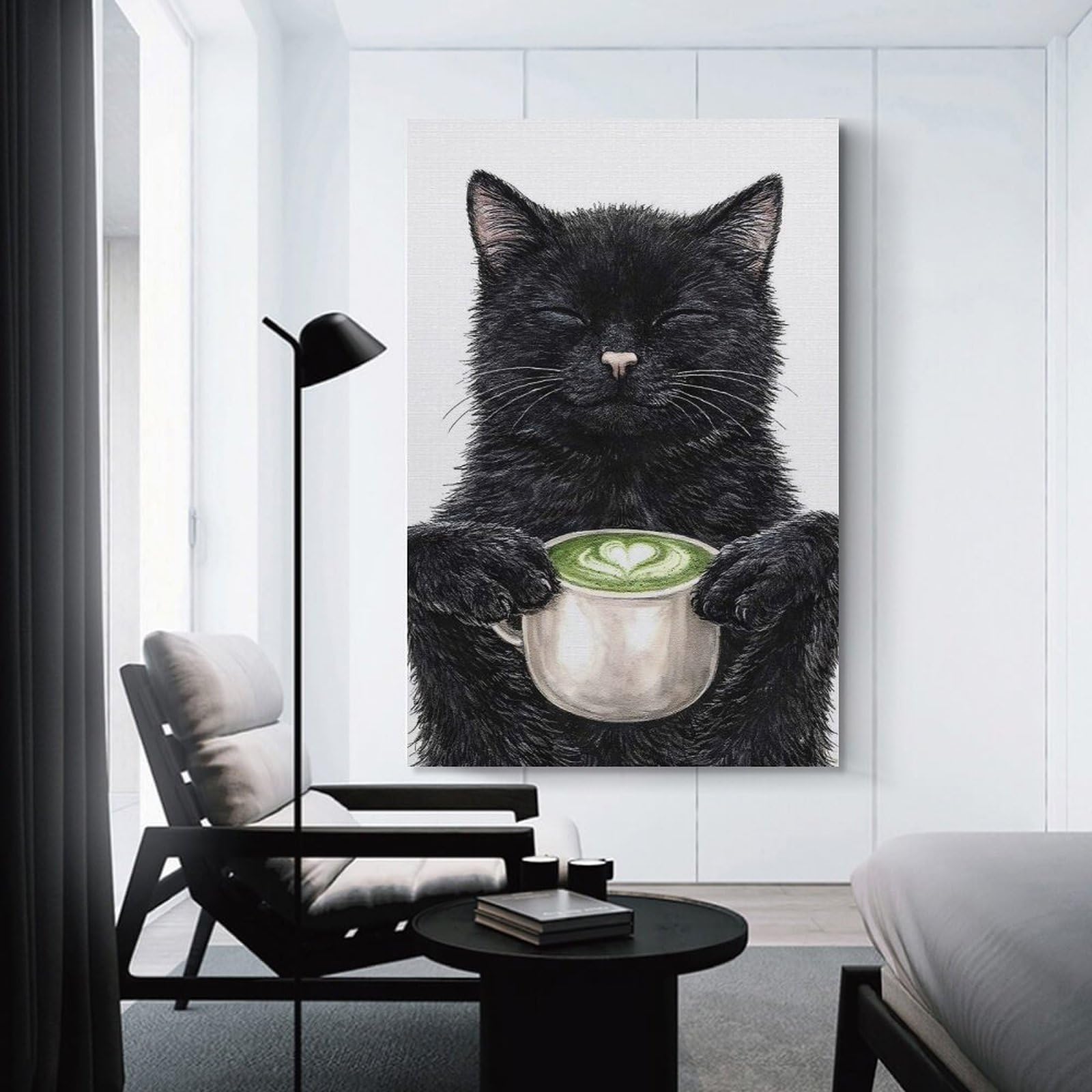 Junmoney Black Cat Holding Matcha Latte Wall Decor Canvas Print, 24x36inch(60x90cm), for Living Room, Lounge Or Sitting Room, Easy Decor for Gallery Walls