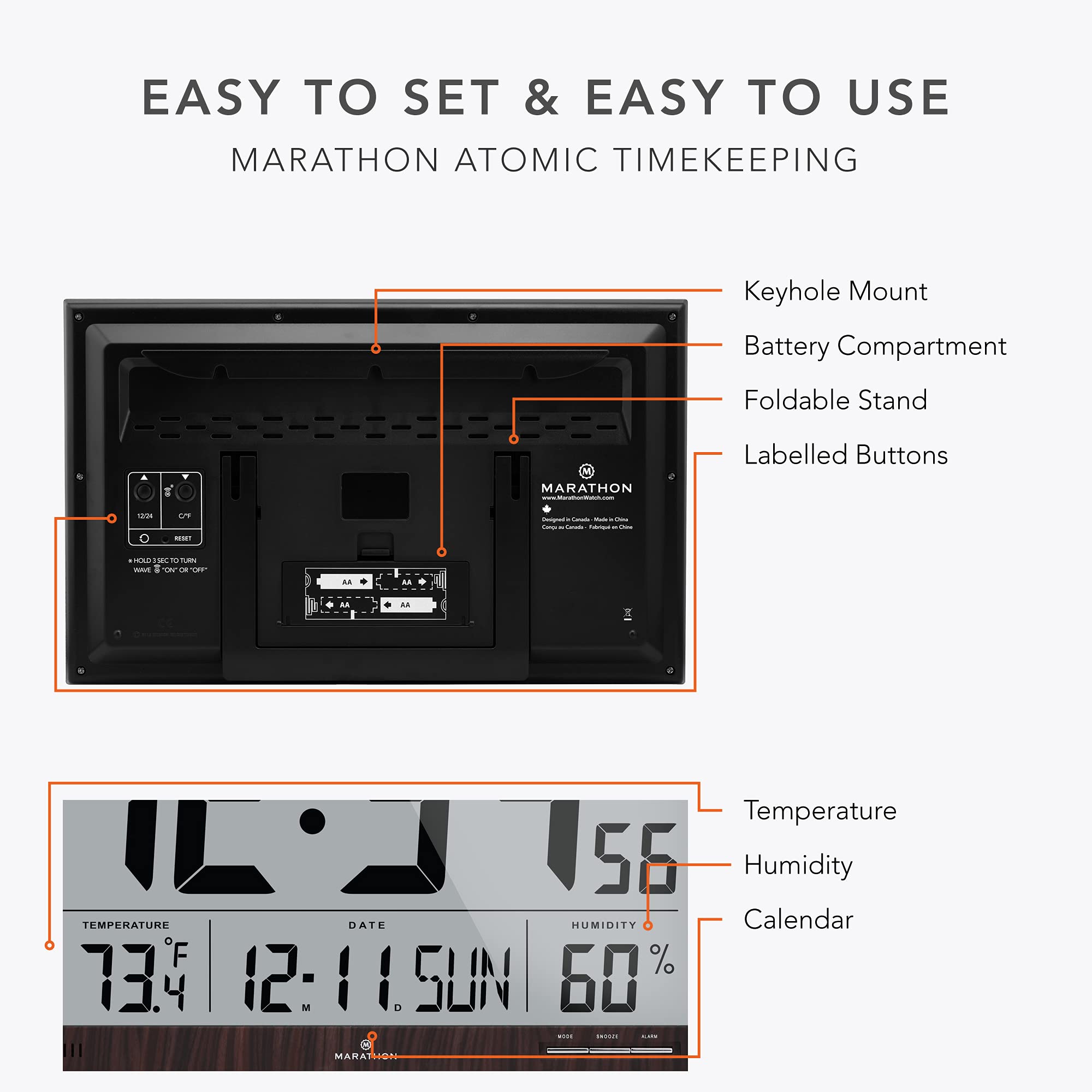 MARATHON Slim Jumbo Atomic Wall Clock with Indoor Temperature