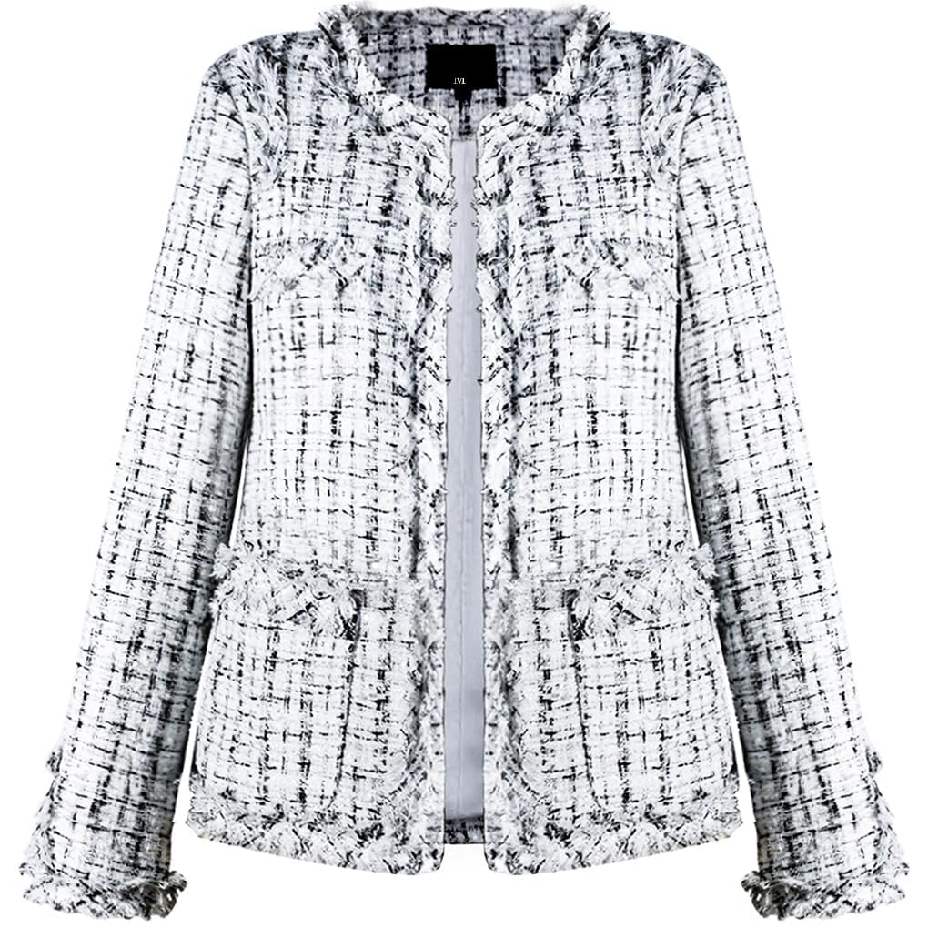 Women's Collarless Plaid Tweed Blazer Elegant Open Front Fringed Casual Business Glitter Jacket-image-9