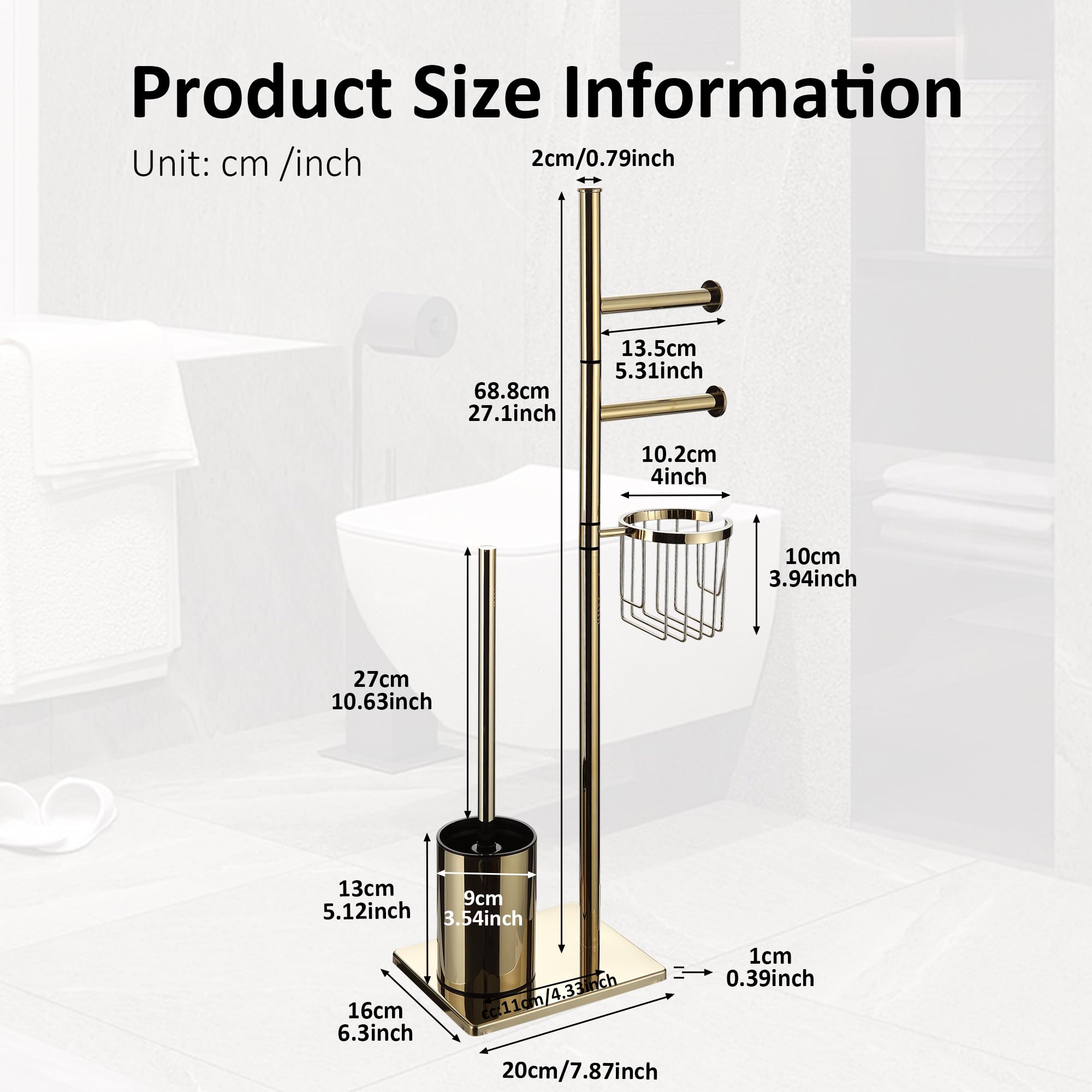 Porte-Papier Toilette en Acier Inoxydable avec Brosse WC et Panier d’Angle Rond. Design élégant, Durable, résistant à la Rouille et idéal pour Gagner de l’Espace (Or)