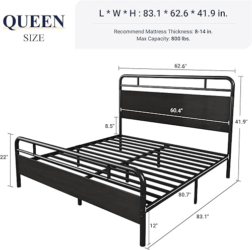 Miniatura 10 de Allewie Base de cama King de metal pesado con cabecero y estribo, plataforma con soporte fuerte 13, sin ruido, no necesita somier, fácil montaje,