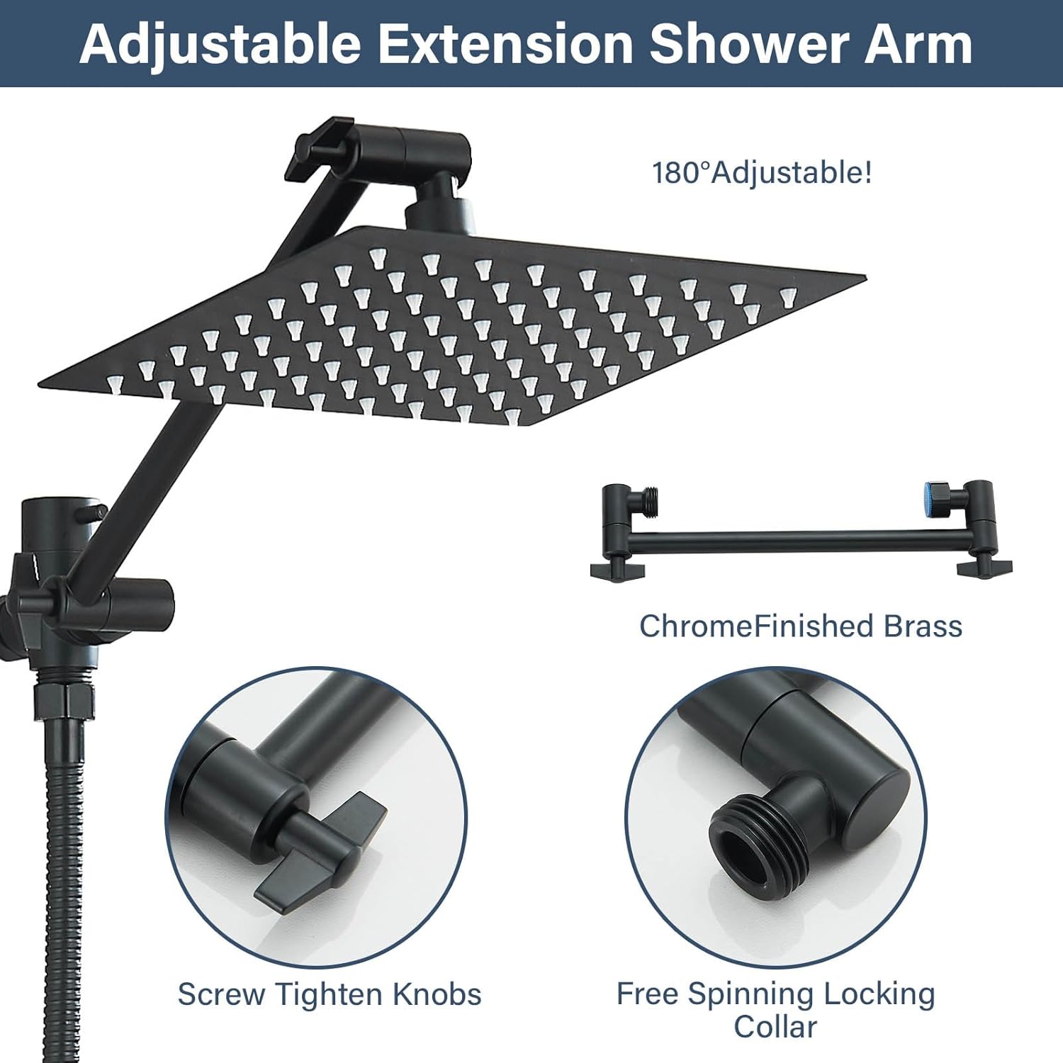 Matte Black Shower Head, High Pressure Rainfall 8 Inch Shower Head/Handheld Showerhead Combo with 10" Extension Arm, Height/Angle Adjustable