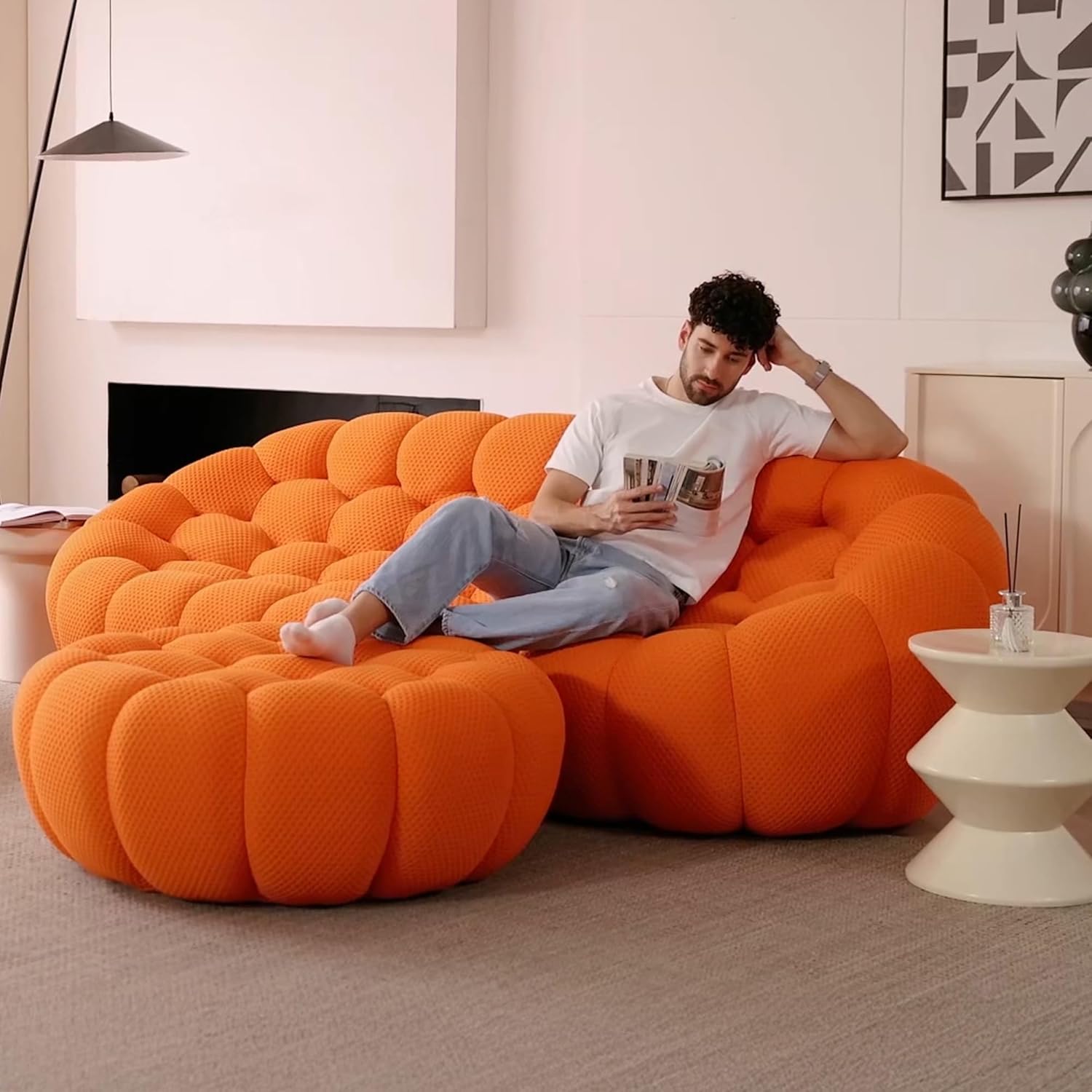 Bubble Couch, 78.74'' Curved Loveseat Couch, Memory Foam Bubble Sofa Round Lazy Floor Sofa, 3D Honeycomb Shape Curved Sofas for Living Room (Orange)