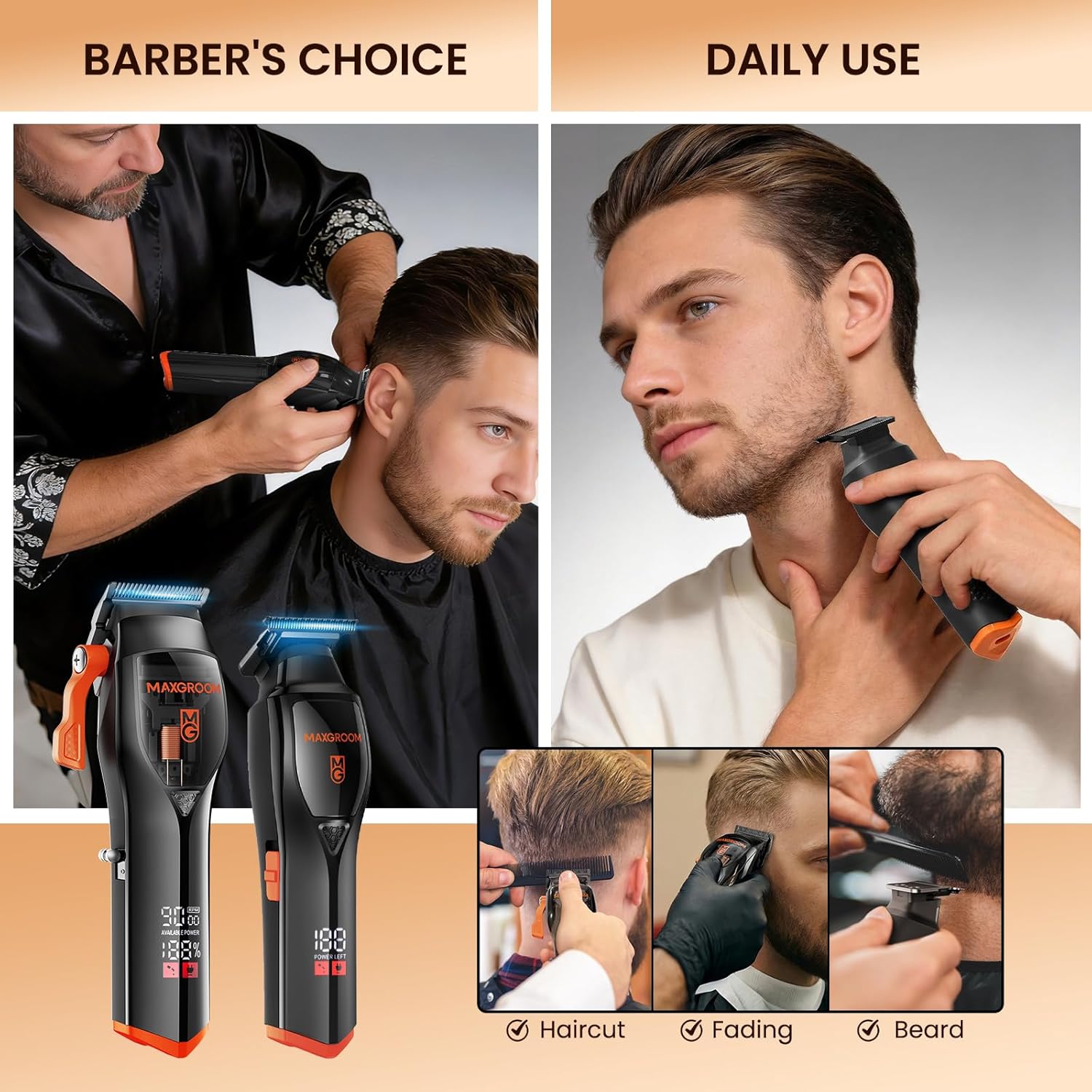 Professional Hair Clippers for Men, 9000 RPM with DLC Self-Sharped Blade, No Pulling or Snagging, Cordless Hair Cutting Clippers Kit, Electric Beard Trimmer, Barber Clippers Fades Set