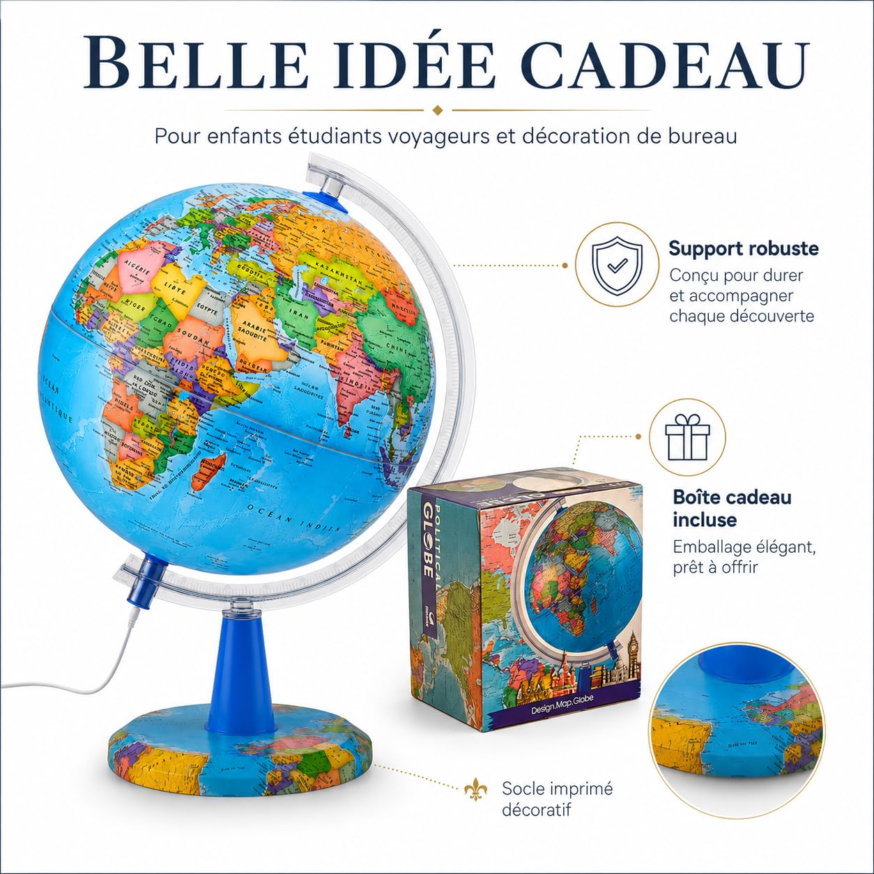 Globe Lumineux 20cm Carte Française LED avec Pins USB C | Carte politique lisible avec 20 punaises support décoratif boîte cadeau pour école bureau chambre et voyageurs