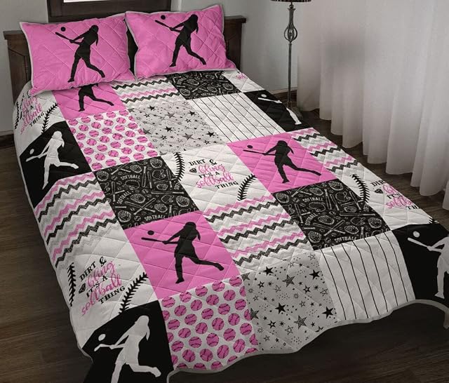 SATIGI Softball Thing Girl Black Pink White Quilt Sport Duvet Cover Set Bedding Set Comforter Cover for Girls Microfiber King Size Softball Twin Comforter New Year Decor Quilt Coverlet