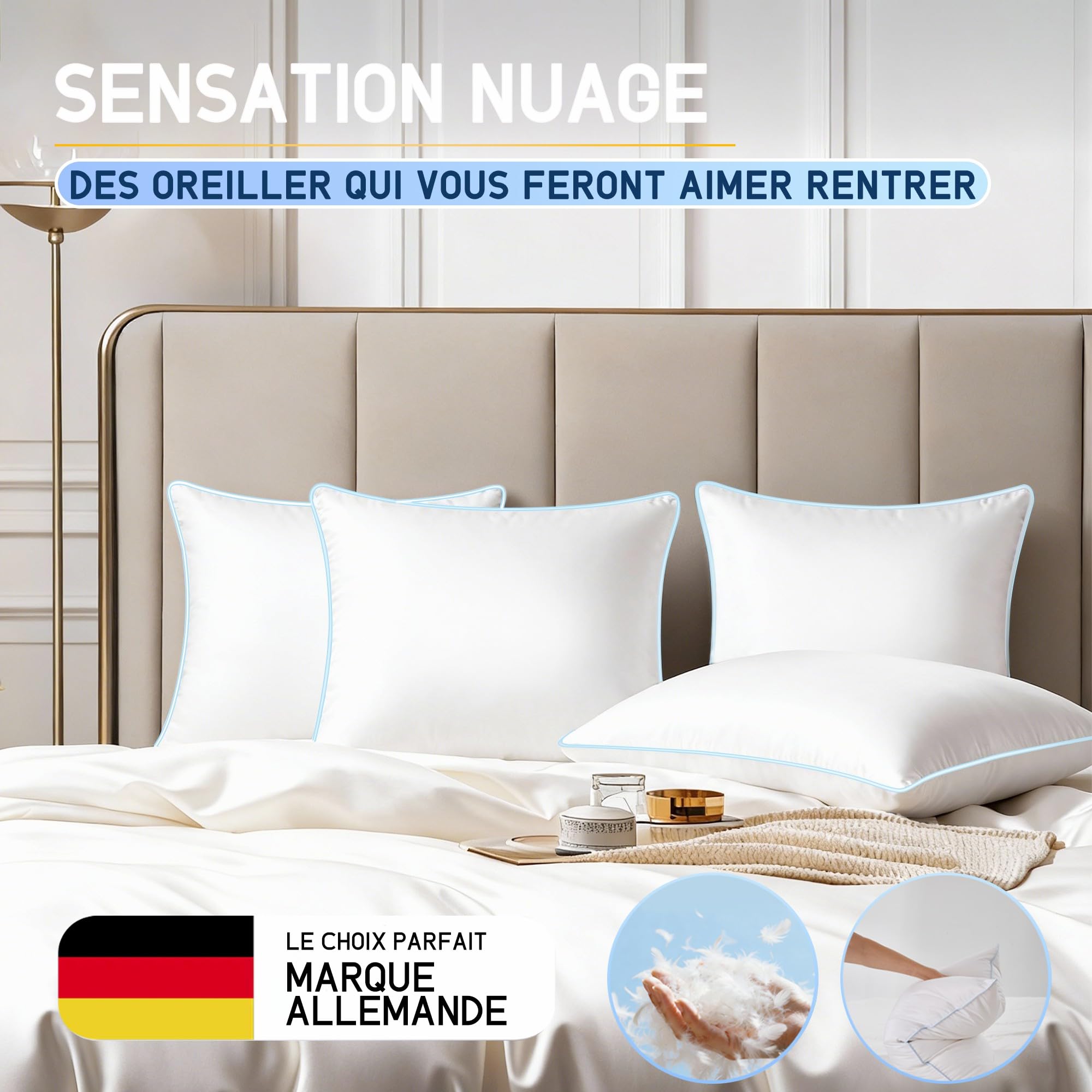 Oreiller 60x60 Duvet Luxe Plume - Oreiller 60x60 cm en Duvet et Plumes de Qualité Hôtelière - Confort Oreillers de Sommeil en Plume 3 Chambres Certifié Oeko-Tex-Dormez comme sur des Nuages