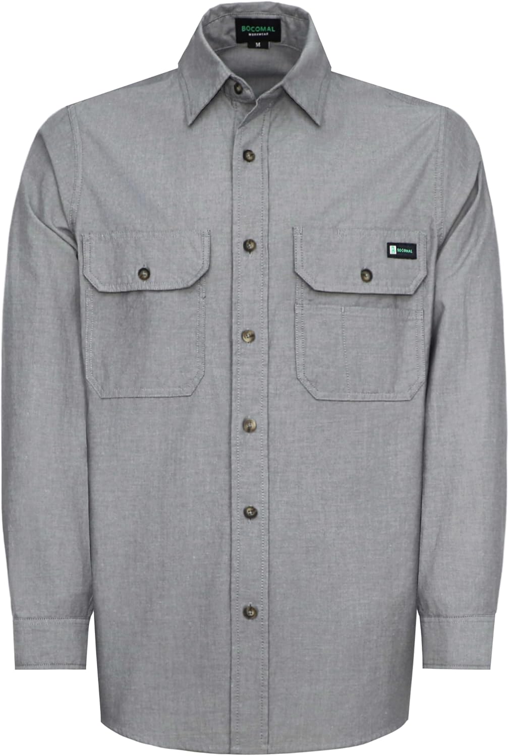 BOCOMAL Men's Work Shirts Button Down Long Sleeve Relaxed Fit - Lightweight 100% Cotton Chambray, EX-Soft, Utility Pockets