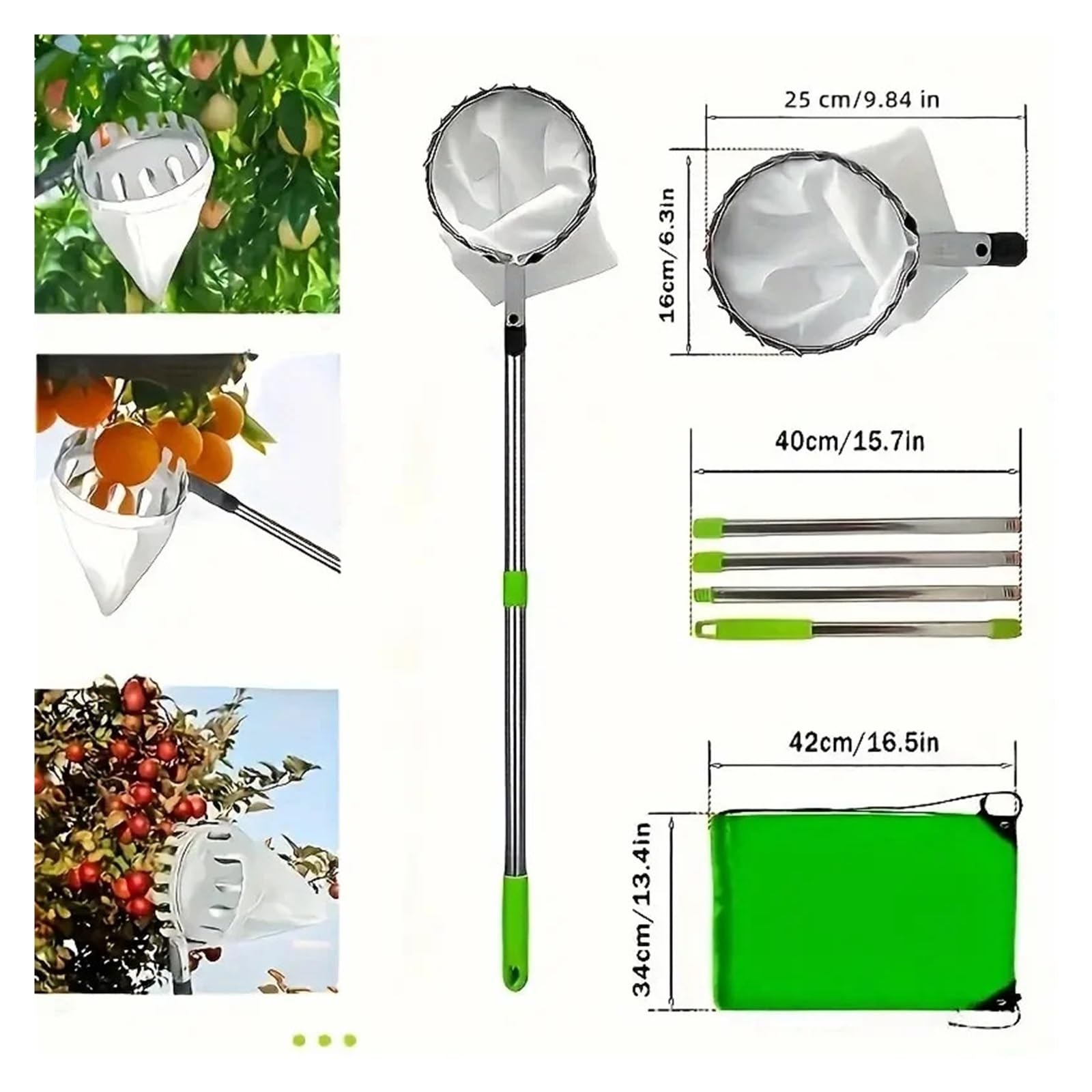 Recogedor De Frutas Recolector de frutas con varilla de empalme de acero inoxidable - Pértiga telescópica de 3,2/3,6/4 m for árboles altos, huertos, granjas y jardines(3.6m)