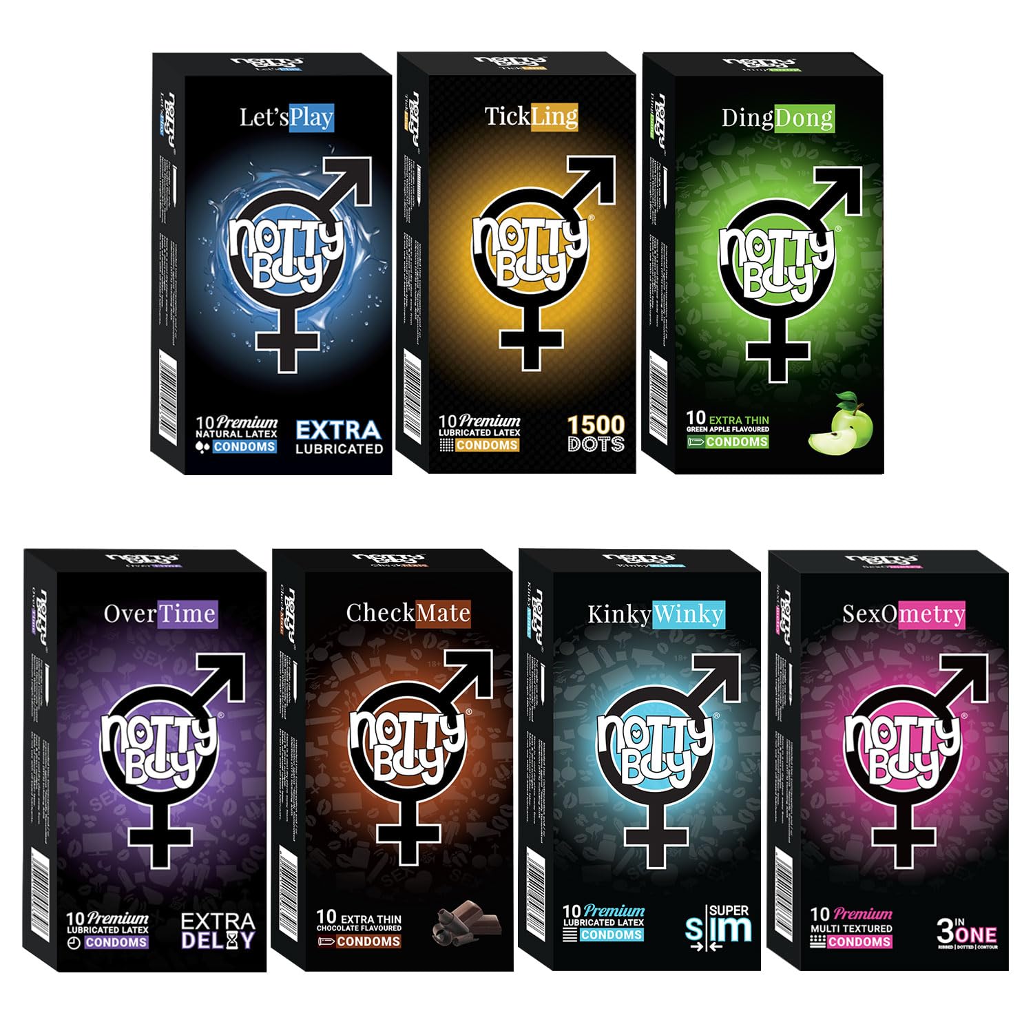NOTTY BOY Mixed Assorted Honeymoon Family Pack - Delay, Ribbed, 1500 Dots Dotted, Extra Lubricated, Ultra Thin Apple and Chocolate Flavoured Condoms - Pack of 7, 70 Pieces-image-34