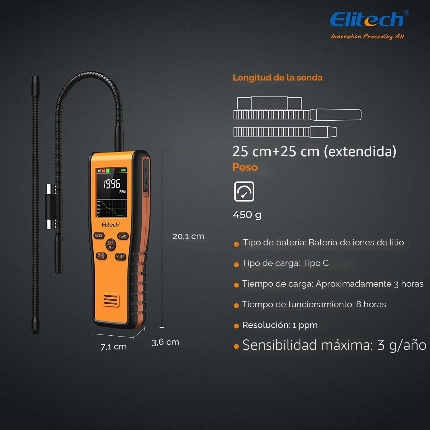 Elitech Detector de Fugas de Gas Refrigerante por Infrarrojos PPM, Detector de Fugas HVAC con posicionamiento Fijo, Viene con función de aplicación y actualización OTA.