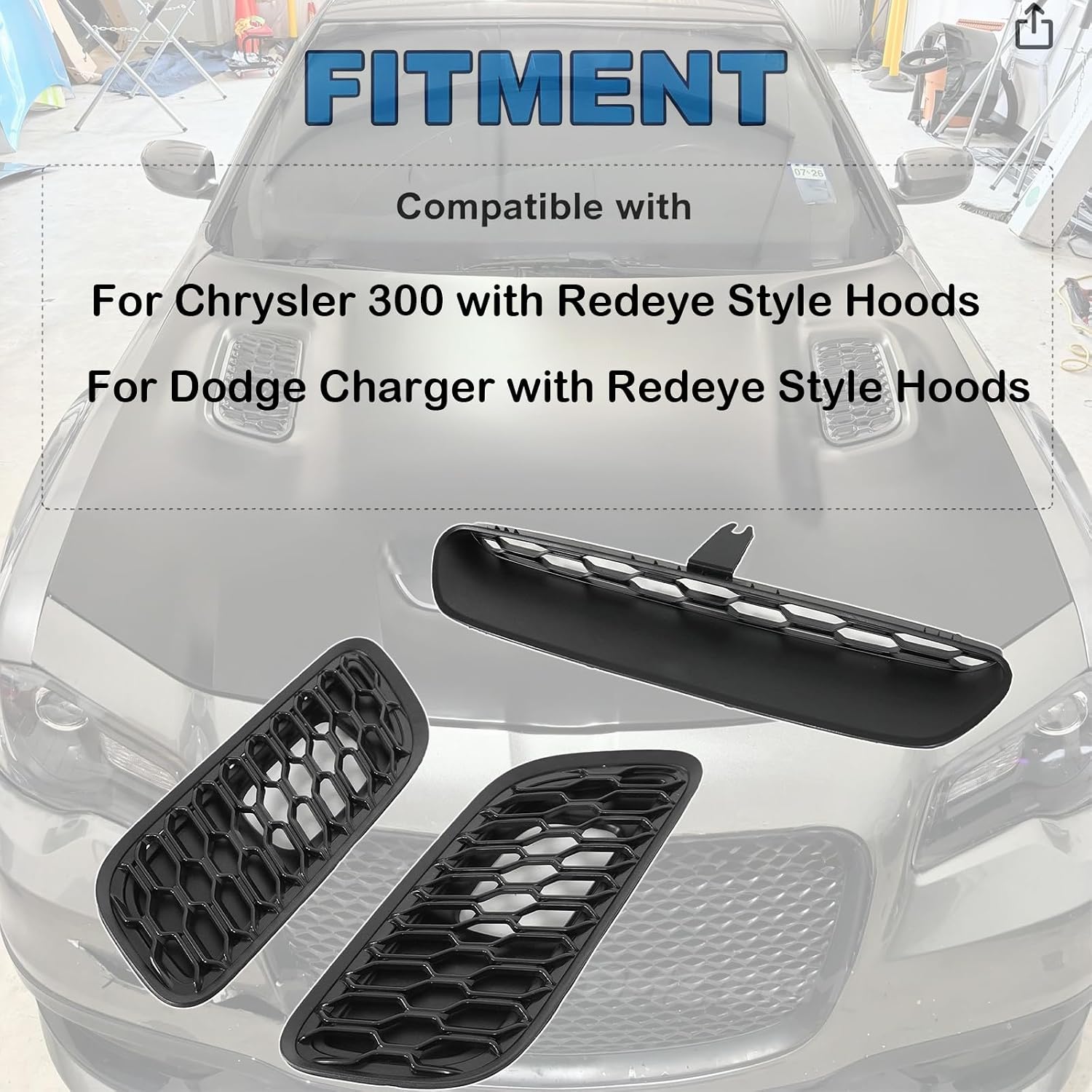 Hood Vent Bezels For Chrysler 300/Dodge Charger 15-23 Redeye Style | 68464718AB, 68464737AA, 68464719AB,Hood Bezels Grille,Factory Replacement,ABS Plastic,Black,Easily Snap-on