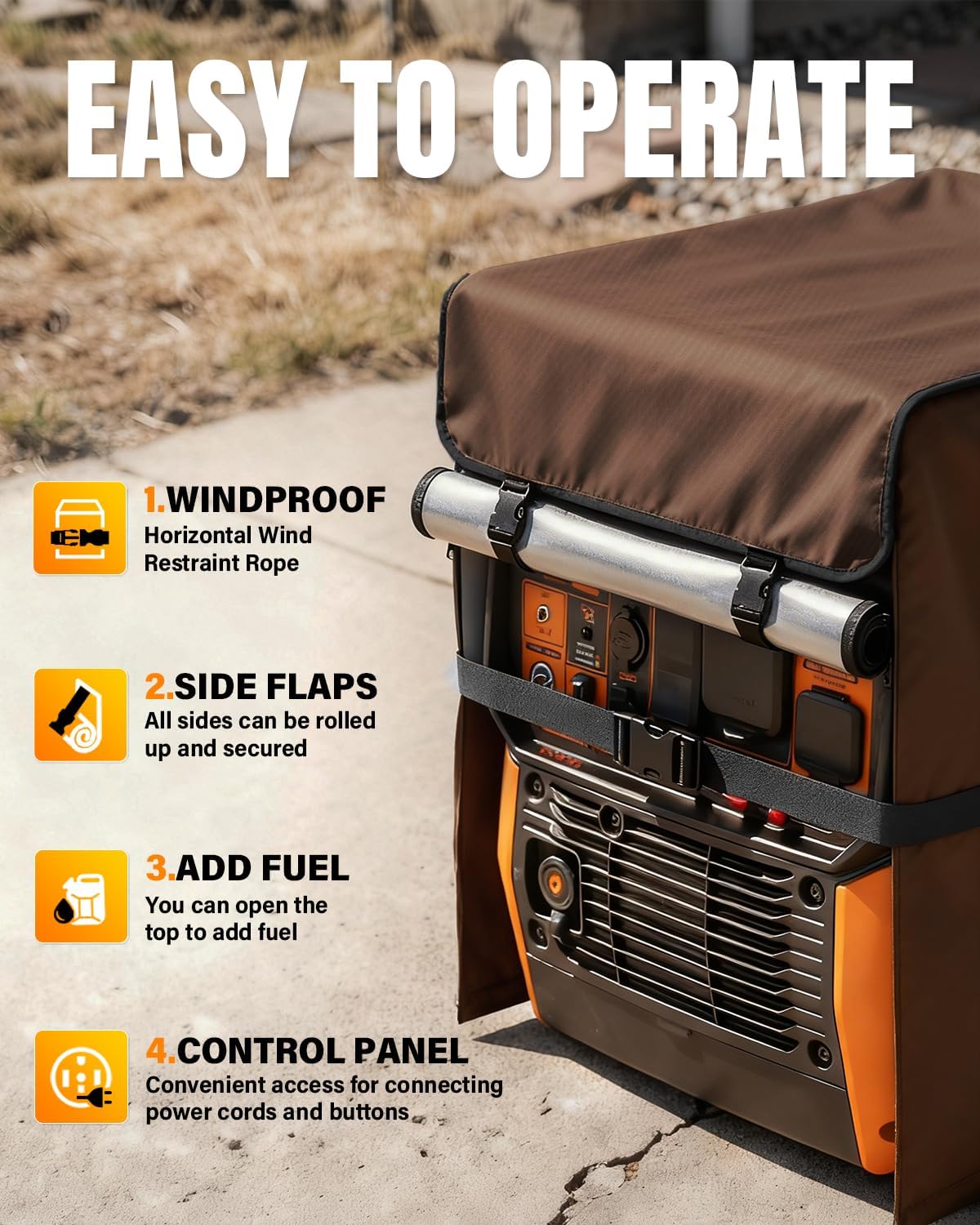 Portable Generator Cover. 600D+210D Heavy Duty Waterproof. 24’’L×19’’W×21’’H for Universal Most Inverter Generators. Fuel can be Added to the Top. Coffee