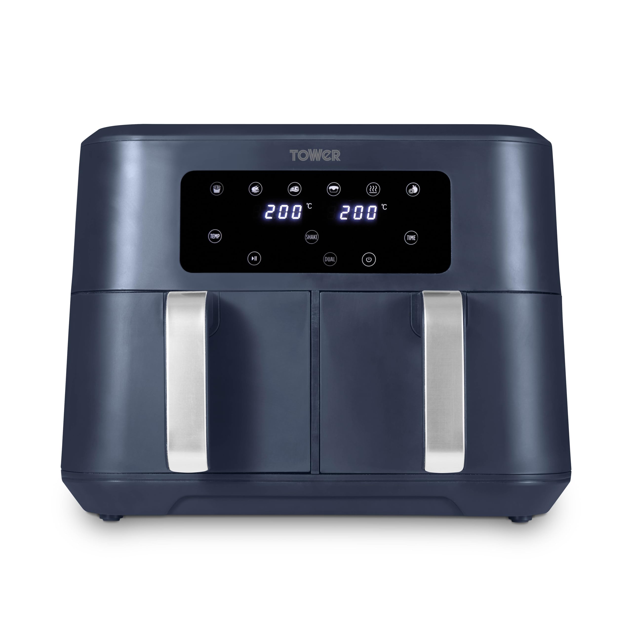 Tower T17137CMNB Vortx 8.5L Dual Basket Air Fryer with Dual Cook Function, 2400W, Midnight Blue & Chrome