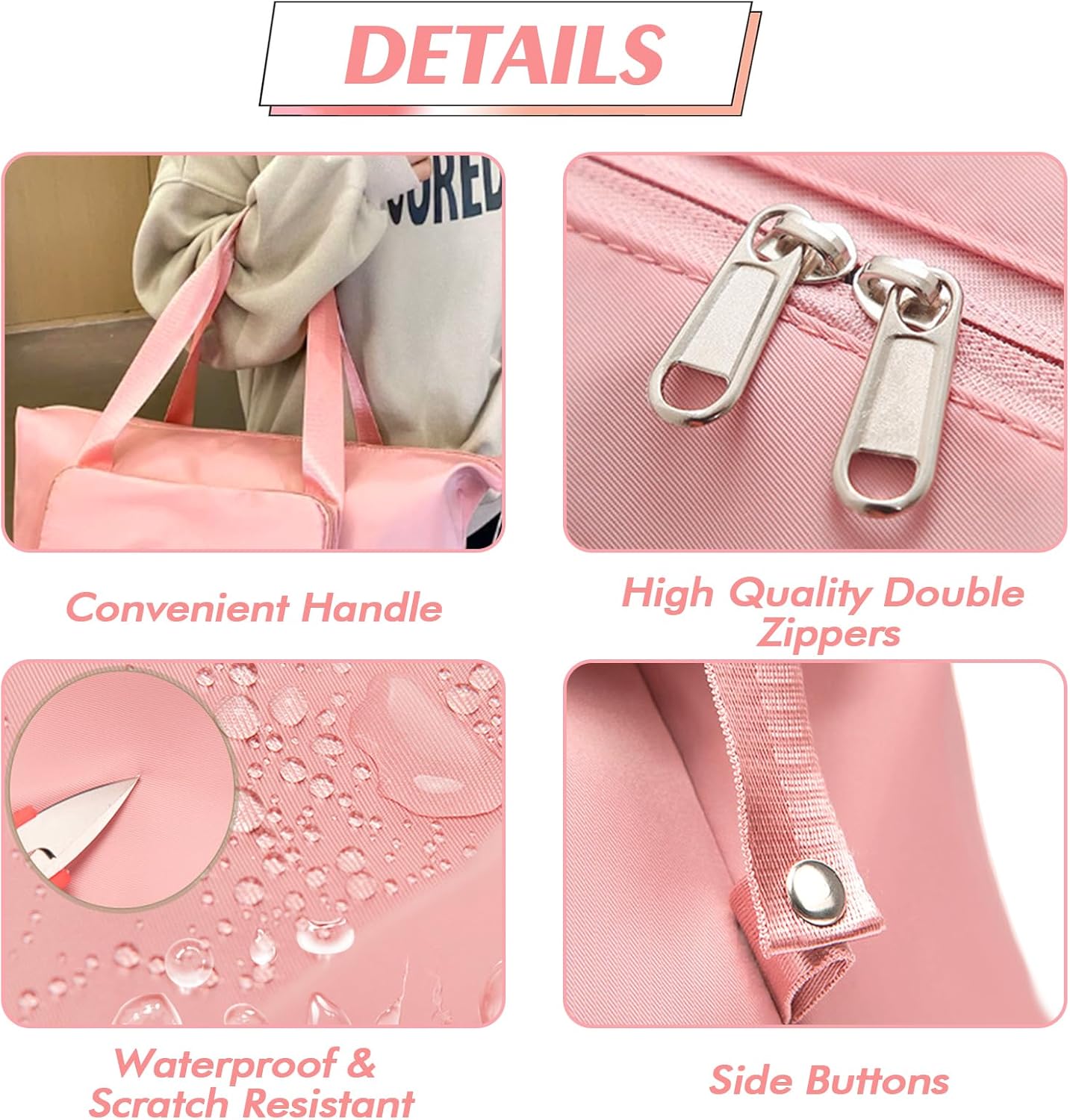 Travel Bag for Women Expandable Weekender Overnight Bag Carry on Sports Tote Gym Bag Waterproof Foldable Duffel Bag (Pink) - Image 3