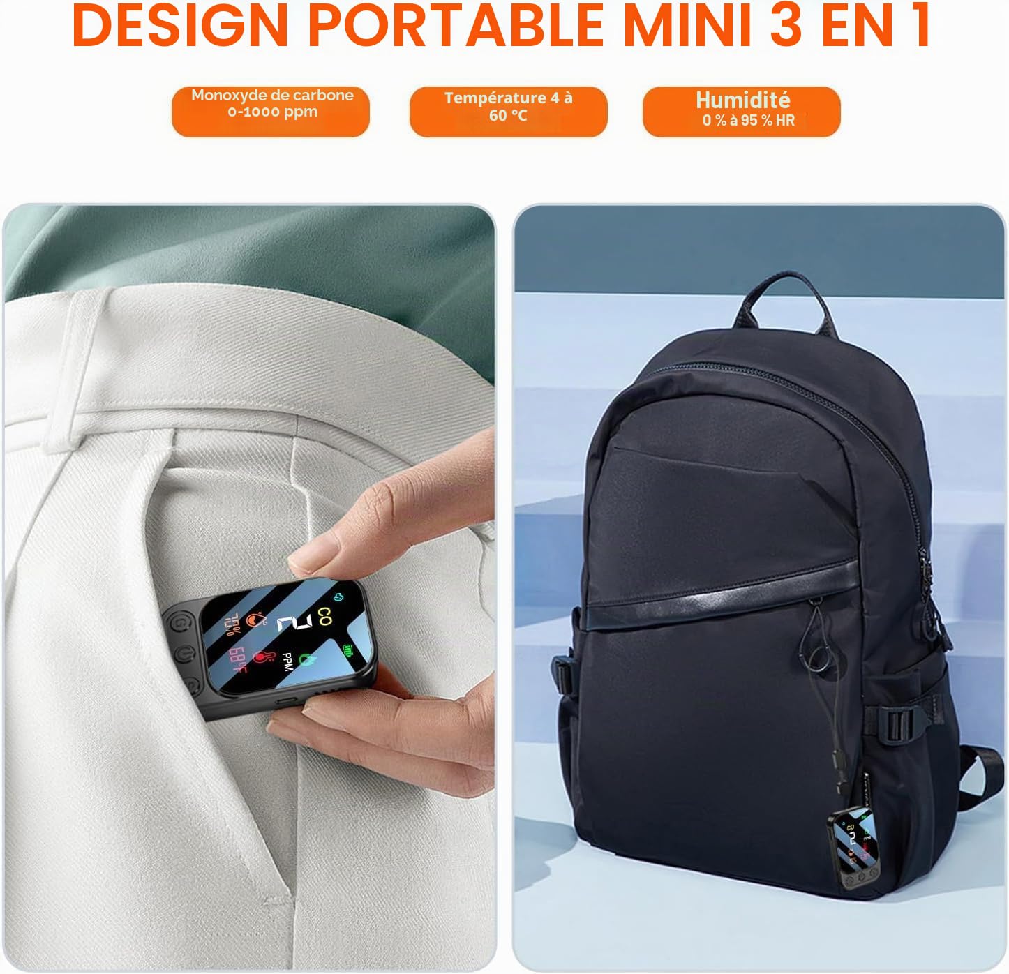 Détecteur de Monoxyde de Carbone Portable pour Voyage Camping Voiture, Alarme de CO Portatif, Mesureur de Monoxyde de Carbone avec Batterie Rechargeable Intégrée, Gris Foncé, HD09