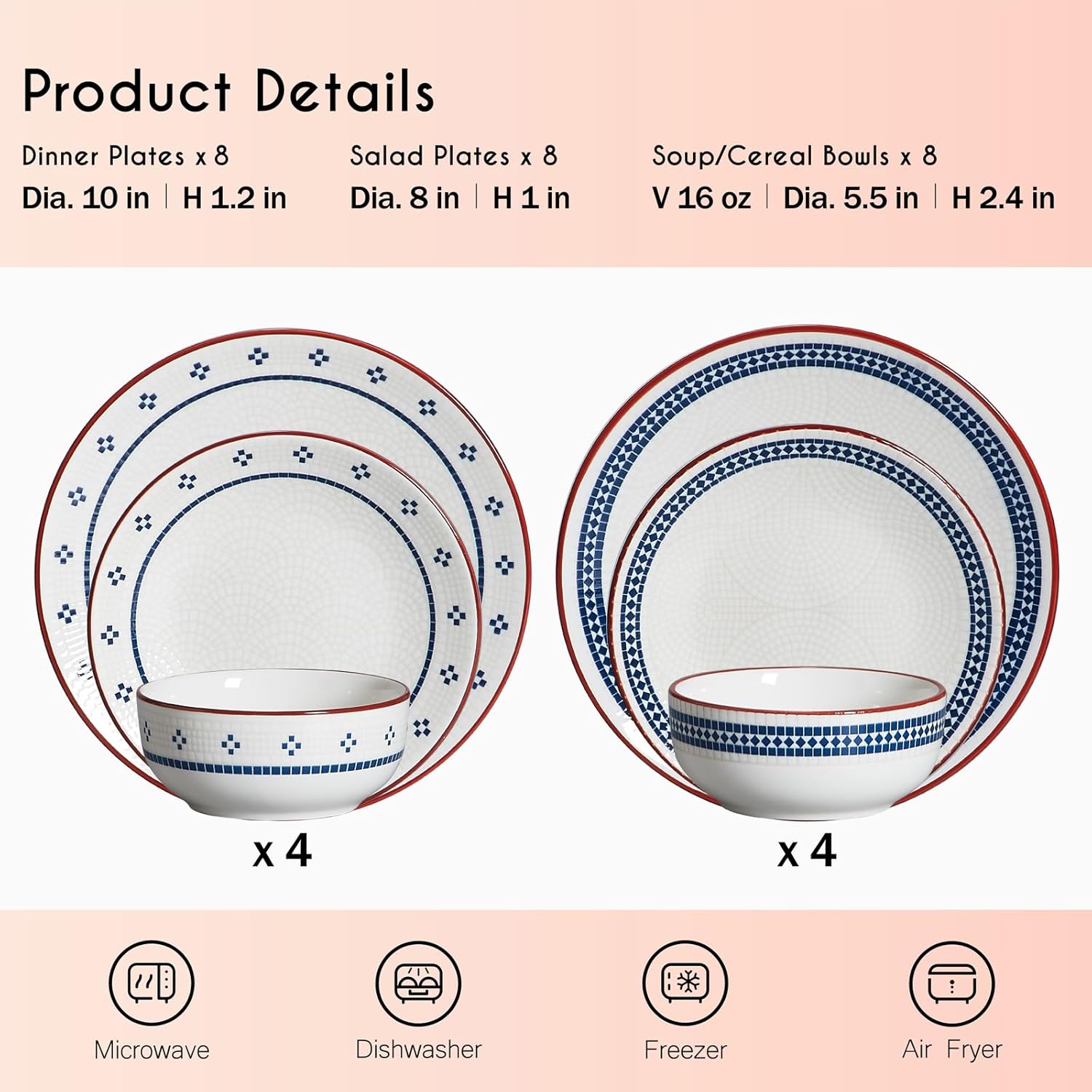Dinnerware Sets for 8, 24-Piece Stoneware Plates and Bowls Sets for 8 Everyday Dishware Sets for 8, Microwave Safe, Scratch-resistant, Vintage Geometric Design, Service for 8