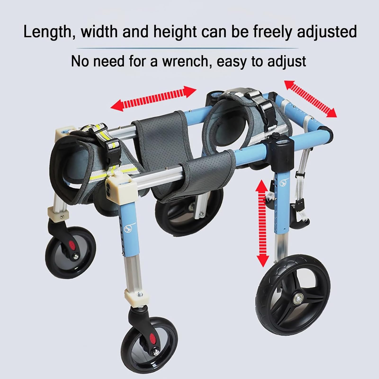 Sedia a rotelle per cani, 4 ruote regolabili, carrello di supporto completo per gambe anteriori e posteriori, leggero aiuto per la mobilità per animali domestici disabili di medie e grandi dimensioni