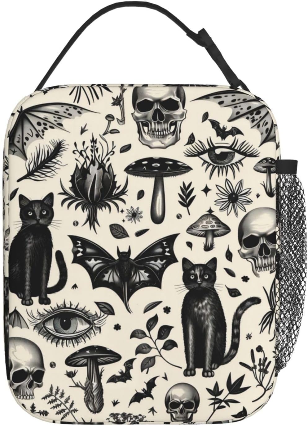 Reusable Gothic Lunch Box for Kids Girls Boys Women Adult, Insulated Black Cat, Skull, And Bat Lunch Bag,Polyester Cooler Goth Handbags Case for School Picnic Work Travel Beach or Hiking