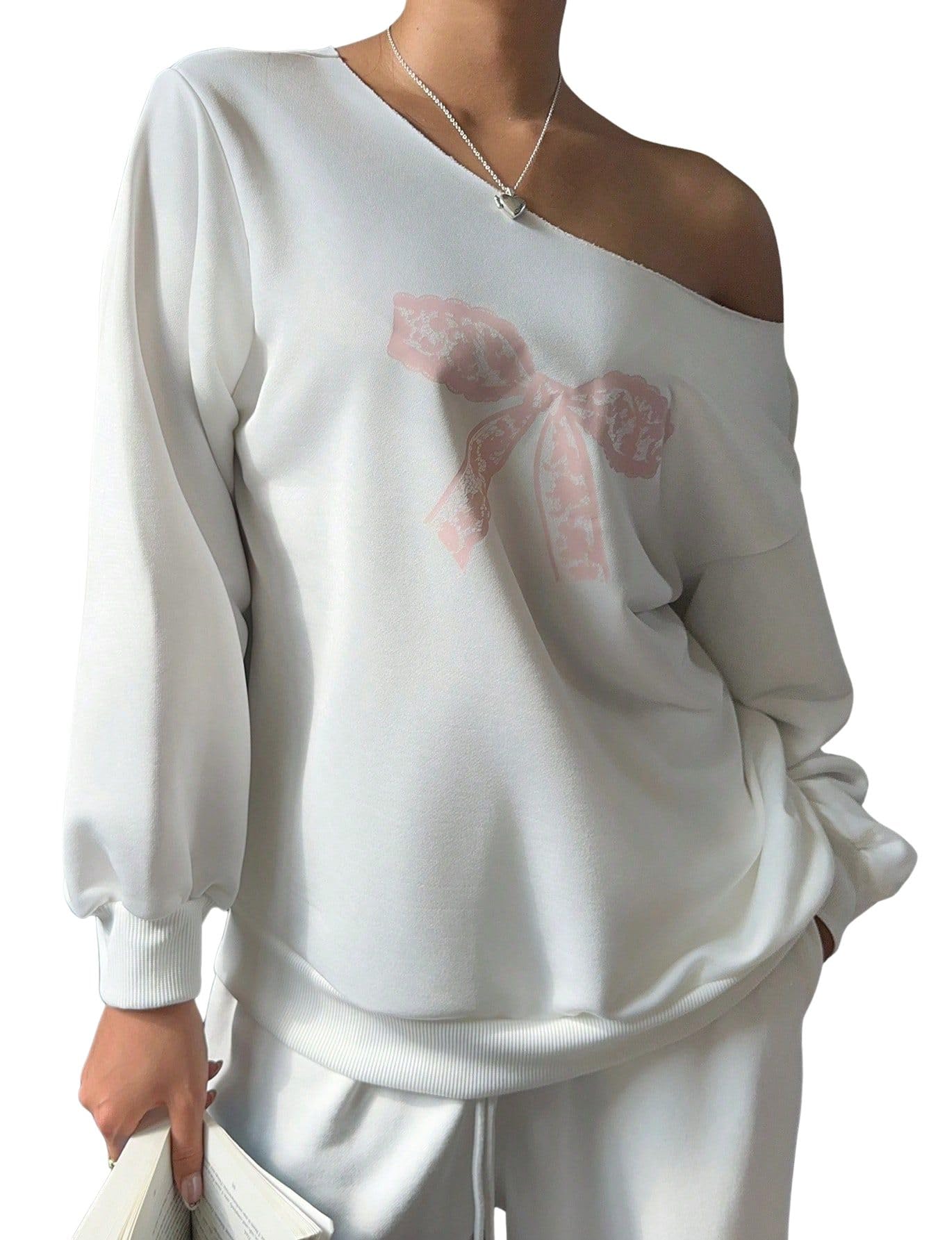 sxv style Women's Off-Shoulder Sweatshirt, White Cotton Blend with Pink Butterfly Print, Long Sleeve Casual Pullover, Winter Loungewear, Regular Fit-picture-25