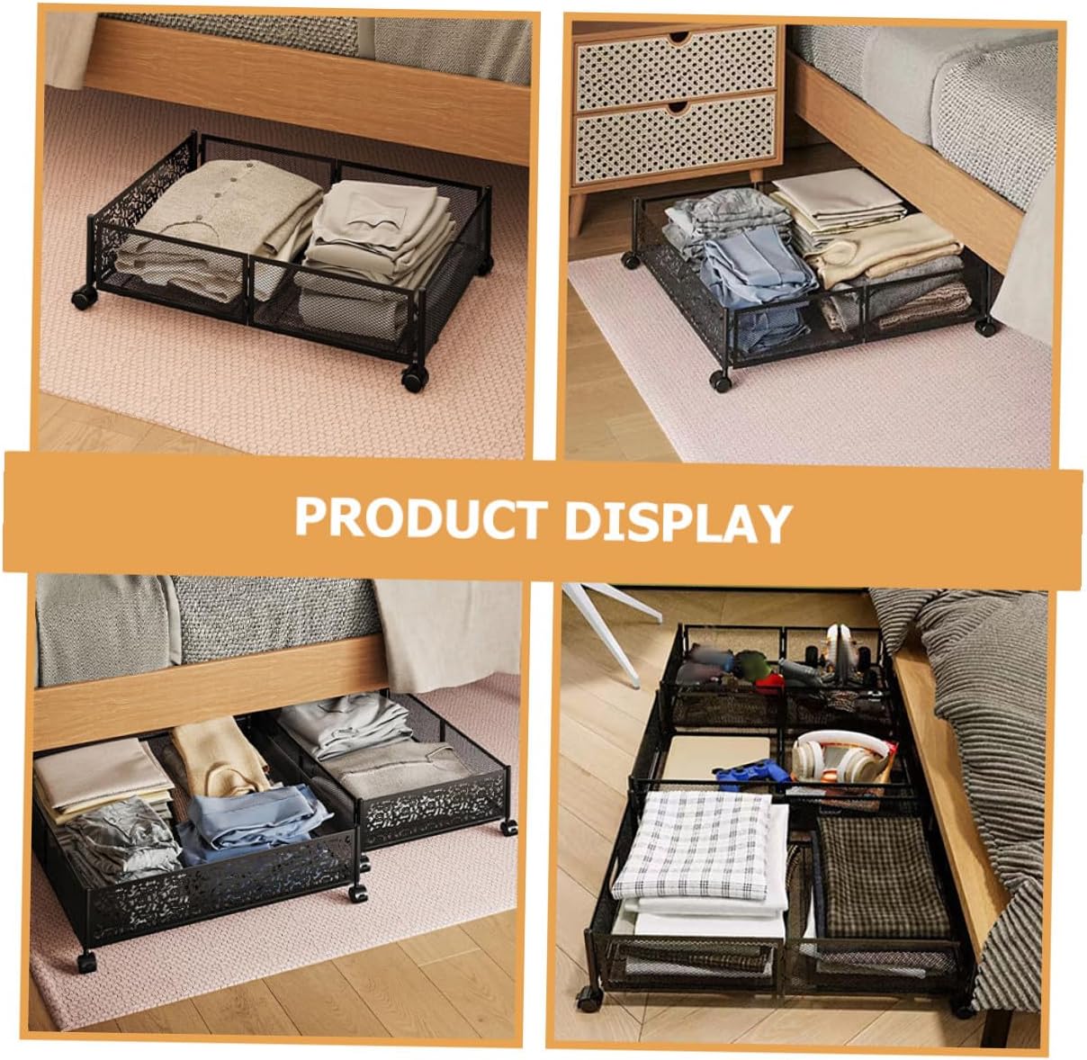 Sewroro Bed Storage Organizer with Wheels Foldable Large Metal Storage Rack Drawer Black Patterned Space-saving for Small Rooms