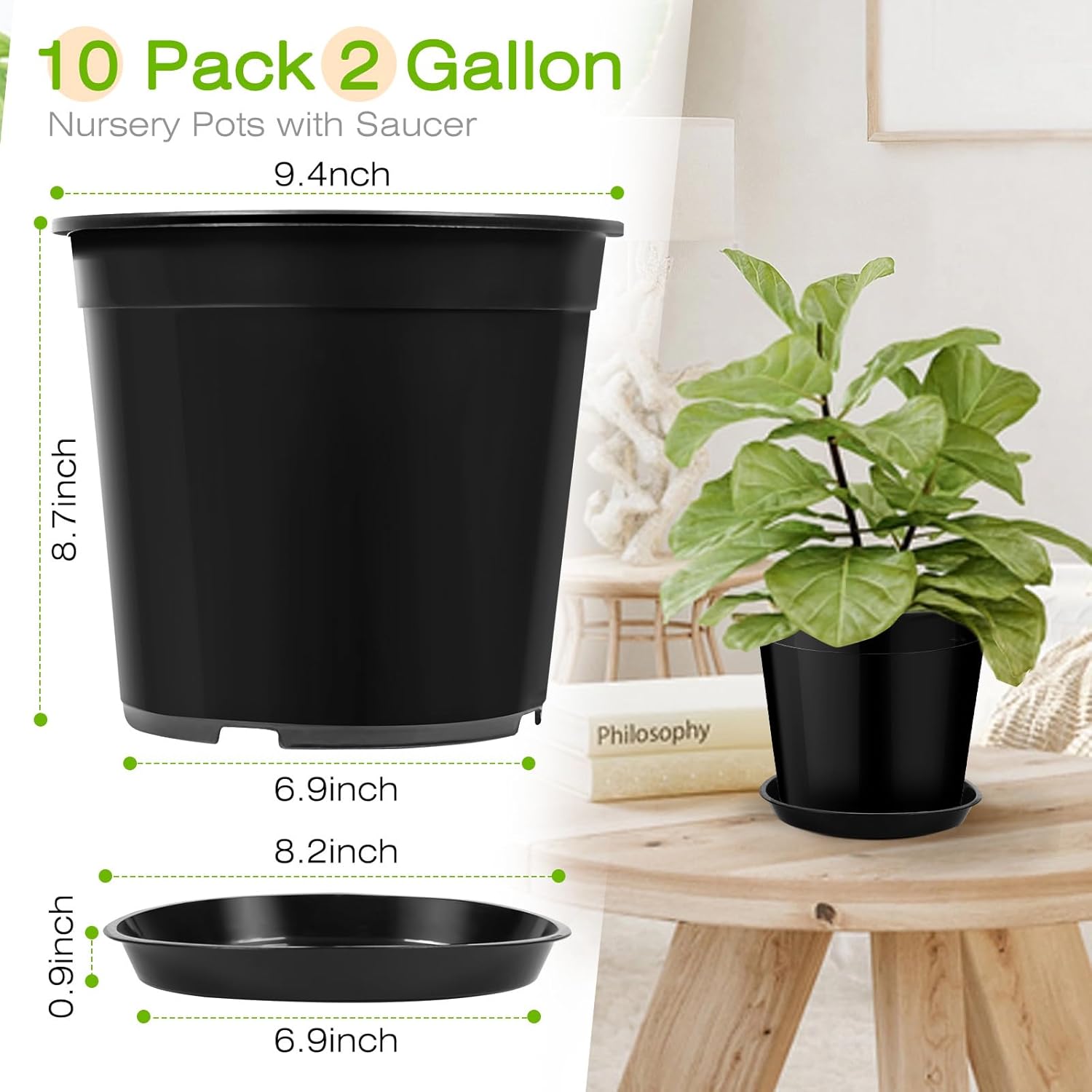 2 Gallon Plastic Pots with Drip Trays, Sturdy Gallon Plant Pots with Drainage Holes, Large Plastic Planter for Flowers, Ideal for Indoor and Outdoor Use (2Gallon-10PACK)
