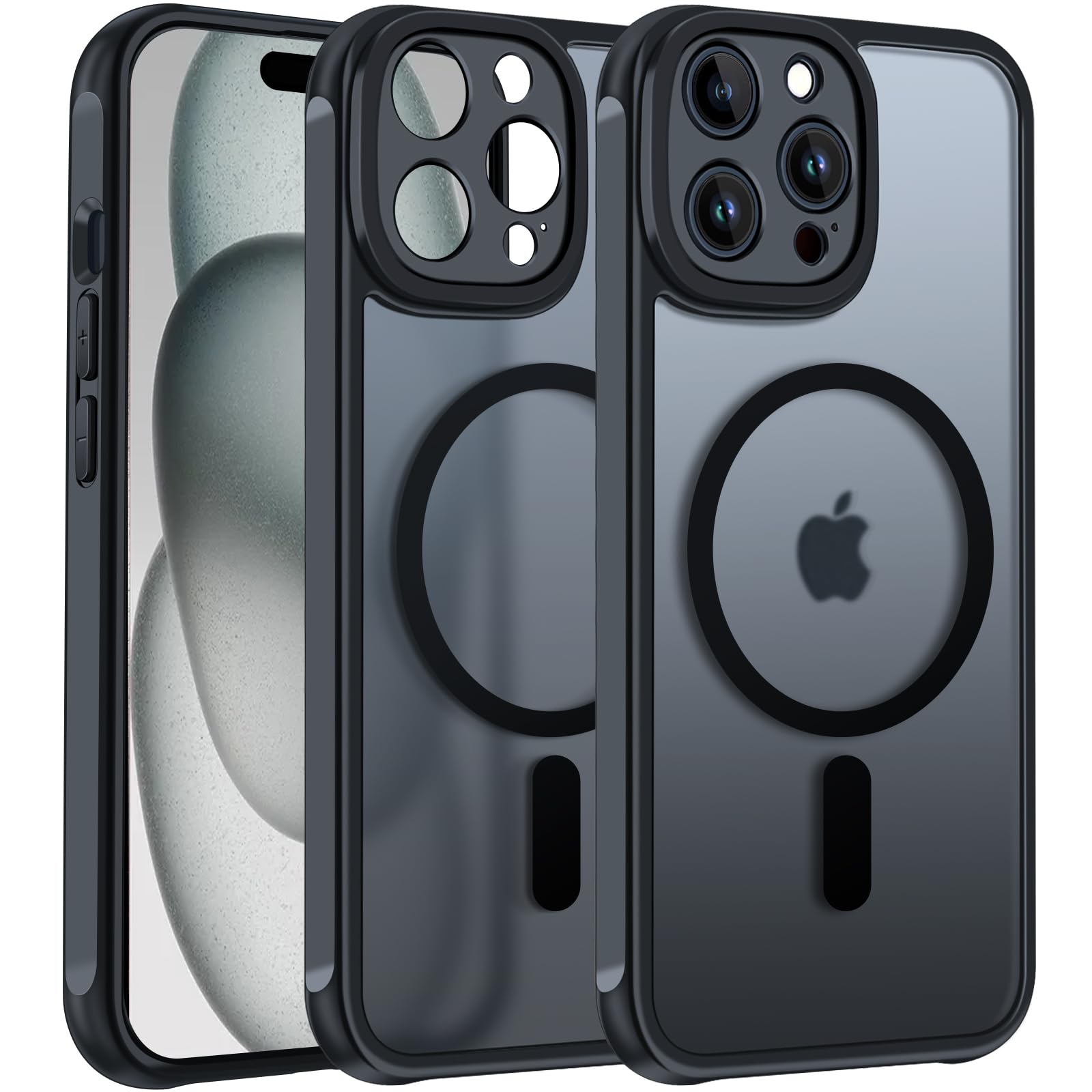 ivoler für iPhone 15 Pro 6.1 Zoll Hülle, 1 Magnetisch Handyhülle mit 2 Stück Panzer Schutz Glas, [Kompatibel mit MagSafe] [Militärnorm Sturzschutz] Stoßfest Schutzhülle Silikon Case Matt Schwarz
