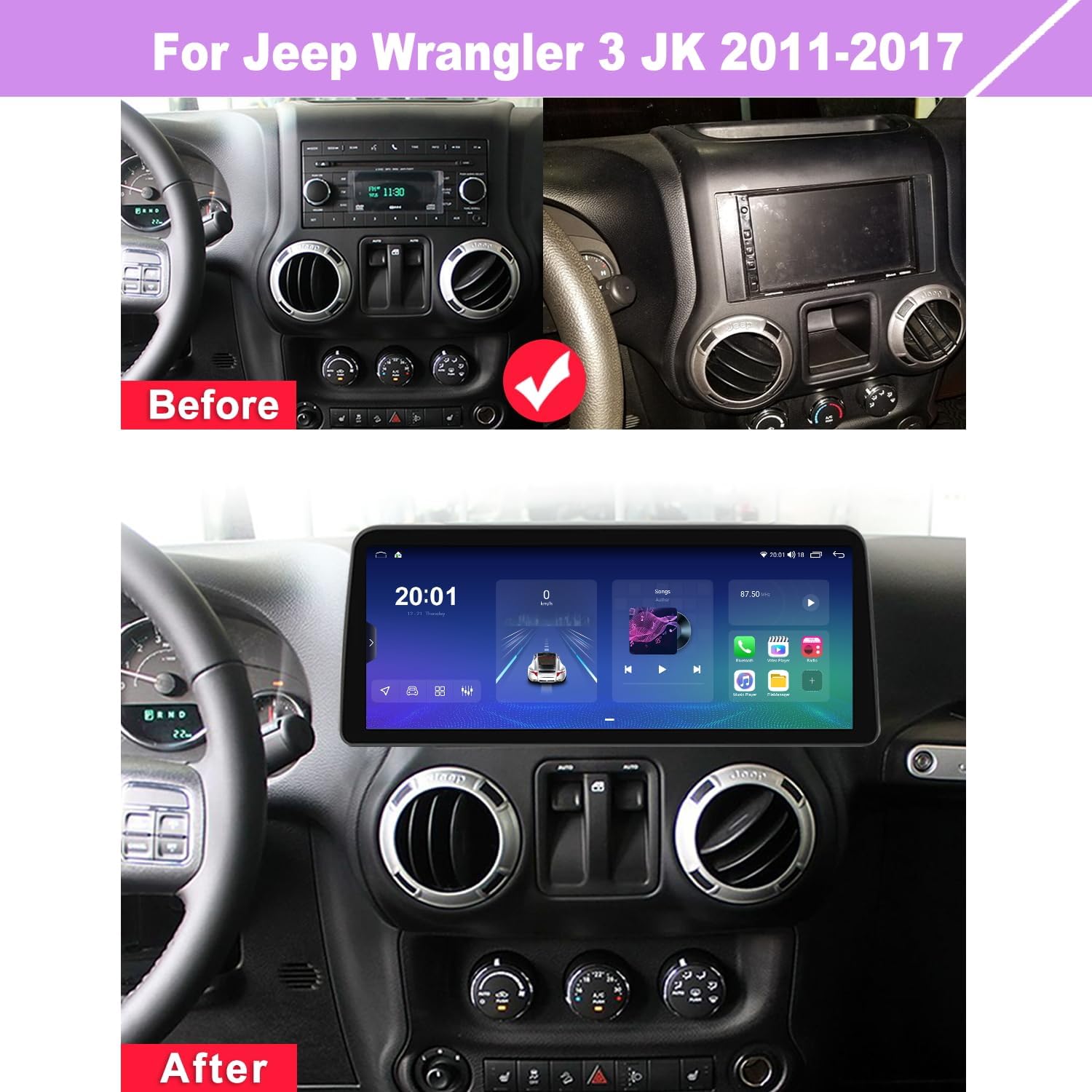12.3" Android Car Stereo for Jeep Wrangler 3 JK 2011-2017 Wireless Apple Carplay Android Auto Car Radio Bluetooth Head Unit QLED Touch Screen 1920x720 GPS Navigation (4-64GB Pro)