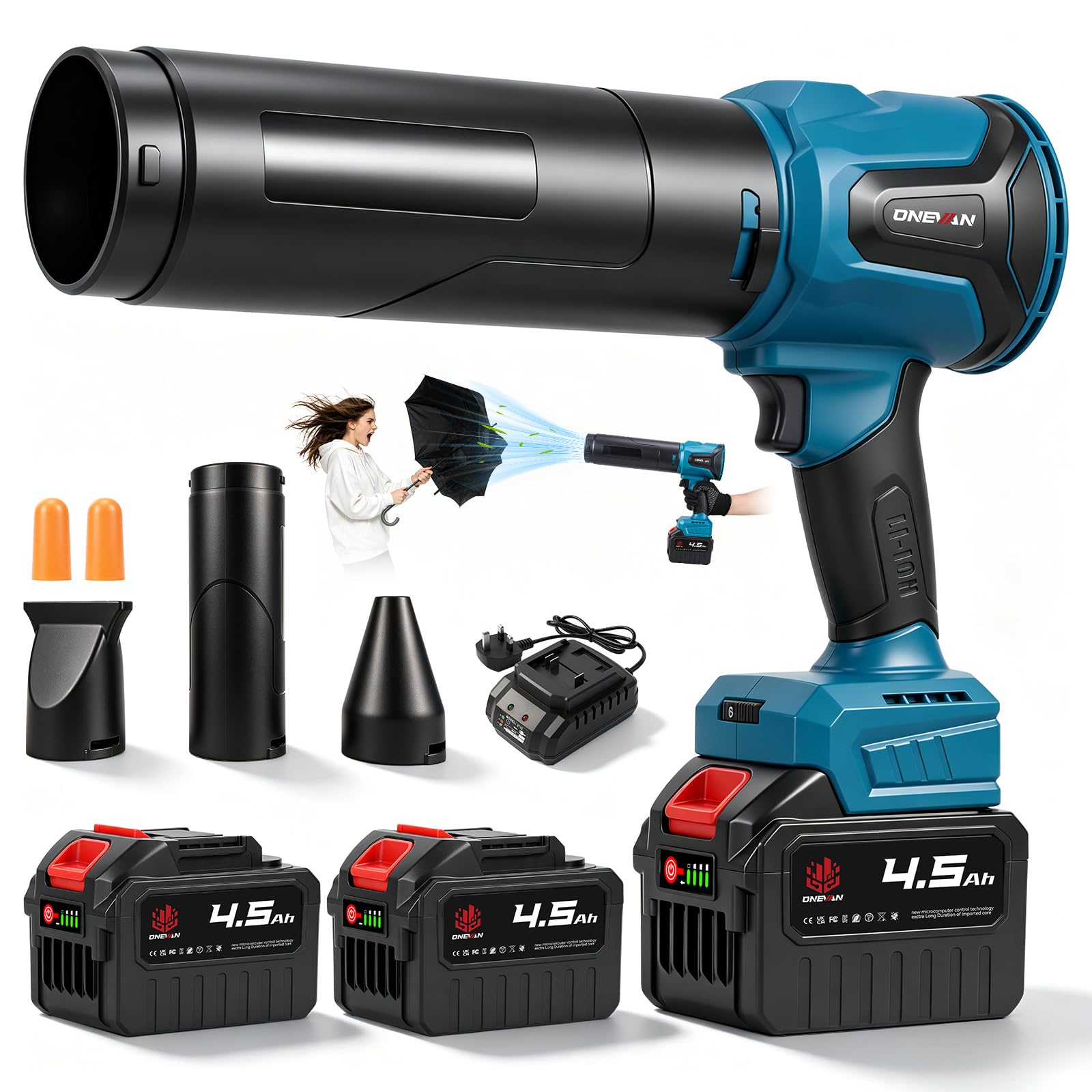 ONEVAN Cordless Leaf Blower, 1.5kg Blowing Force, 30mins Battery Life