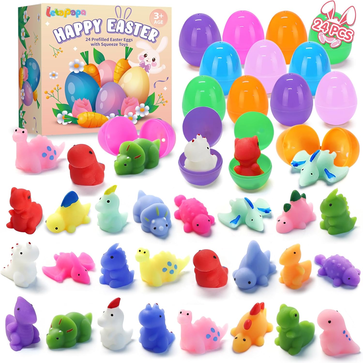 Letapapa 24 Pack Easter Filled Eggs with Squishy Toys Inside, Dinosaur Squishies for Easter Basket Stuffers Easter Party Favors Egg Fillers Hunt Classroom Rewards