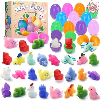 Letapapa 24 Pack Easter Filled Eggs with Squishy Toys Inside, Dinosaur Squishies for Easter Basket Stuffers Easter Party Favors Egg Fillers Hunt Classroom Rewards