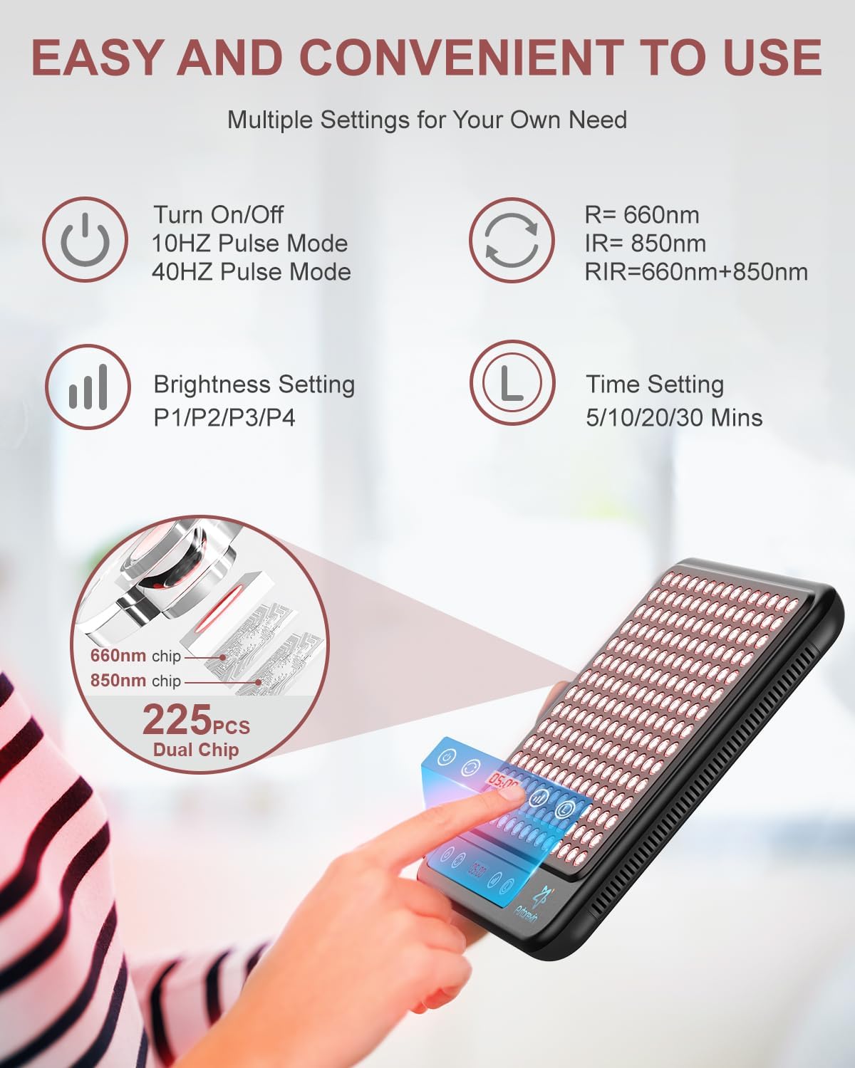 Red Light Therapy Panel for Face & Body, 225 LEDs Portable Red Infrared Light Therapy Lamp with Stand - 660nm Red & 850nm Near Infrared Light for Skin & Sleep, Redlight Therapy with Timer - Image 7