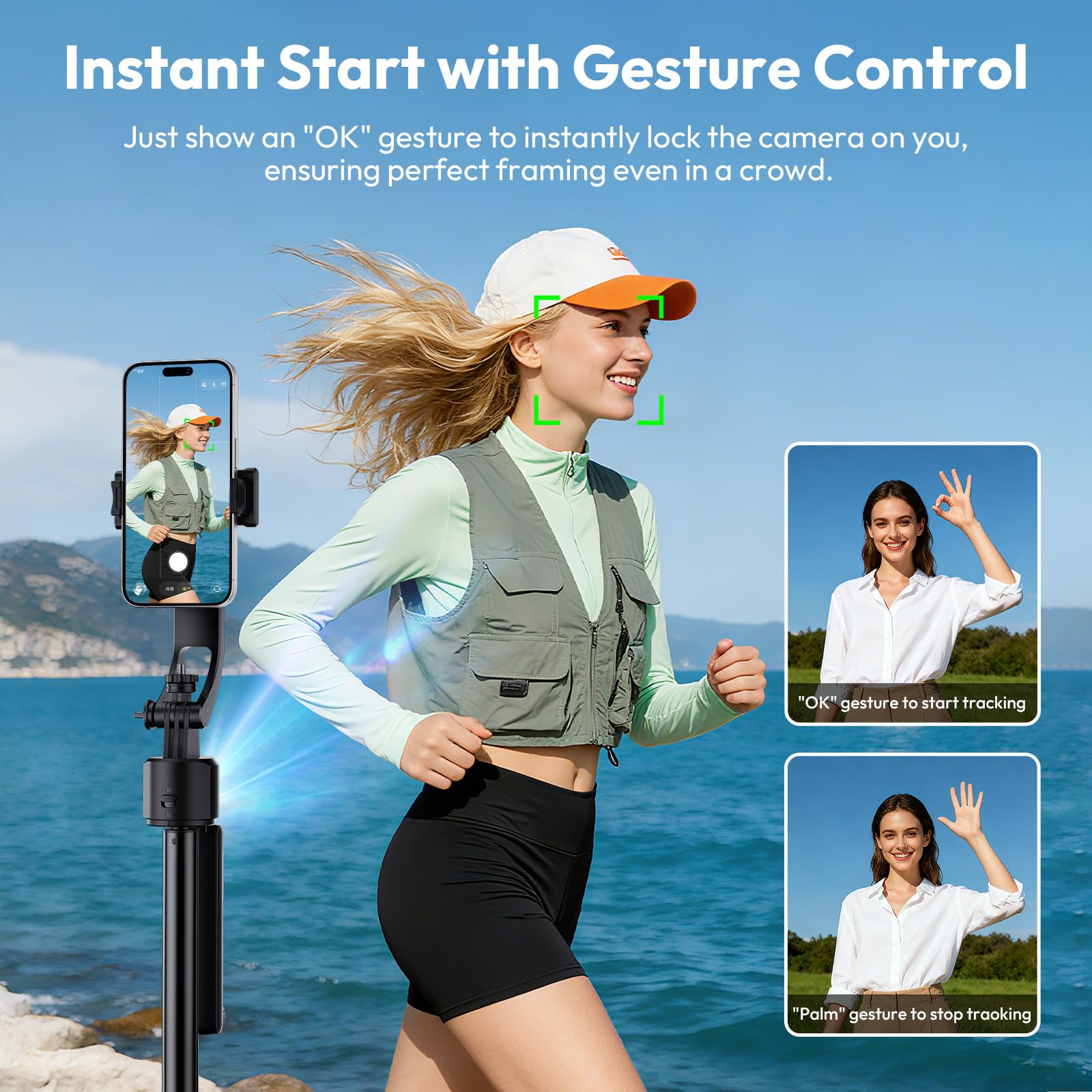ULANZI TT23 165 cm Bastone selfie a tracciamento automatico del volto, Cavalletto per smartphone con base a 4 piedi, Rotazione 360°, Telecomando wireless, Compatibile con iOS, Android, Action Cam