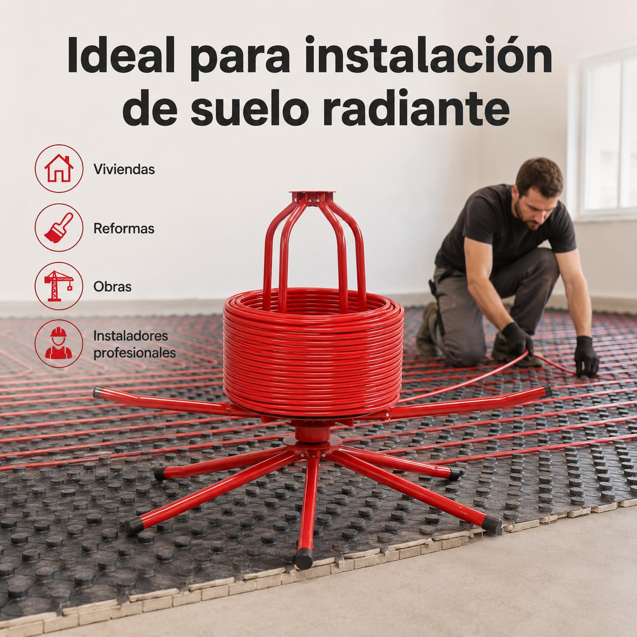Desenrollador de Tubos para Suelo Radiante 16-32 mm, Enrollador PEX/PERT/AL-PEX con Soporte de Pie, Capacidad 200kg, Diámetro Ajustable y Bolsa de Transporte