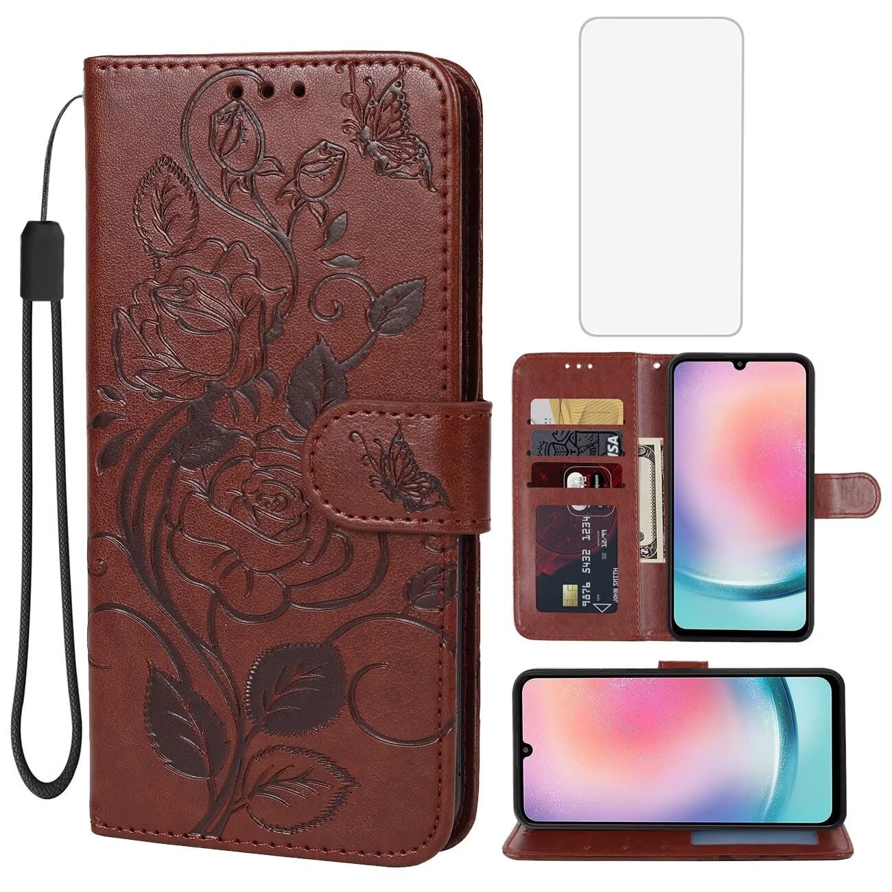 for Galaxy A34 5G Case, Samsung A34 5G Wallet Case with Tempered Glass Screen Protector,Flower Leather Flip Protective Case Credit Card Holder Stand Phone Cover for Samsung Galaxy A34 5G Brown