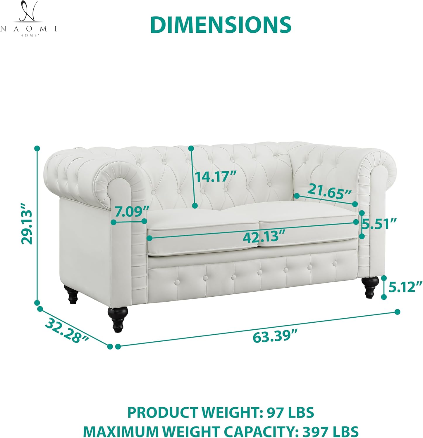 Naomi Home Modern Office Loveseat Sofa for Reception & Lobby – Faux Leather Couch with Plush Cushions, Solid Wood Frame, Button Tufted Design