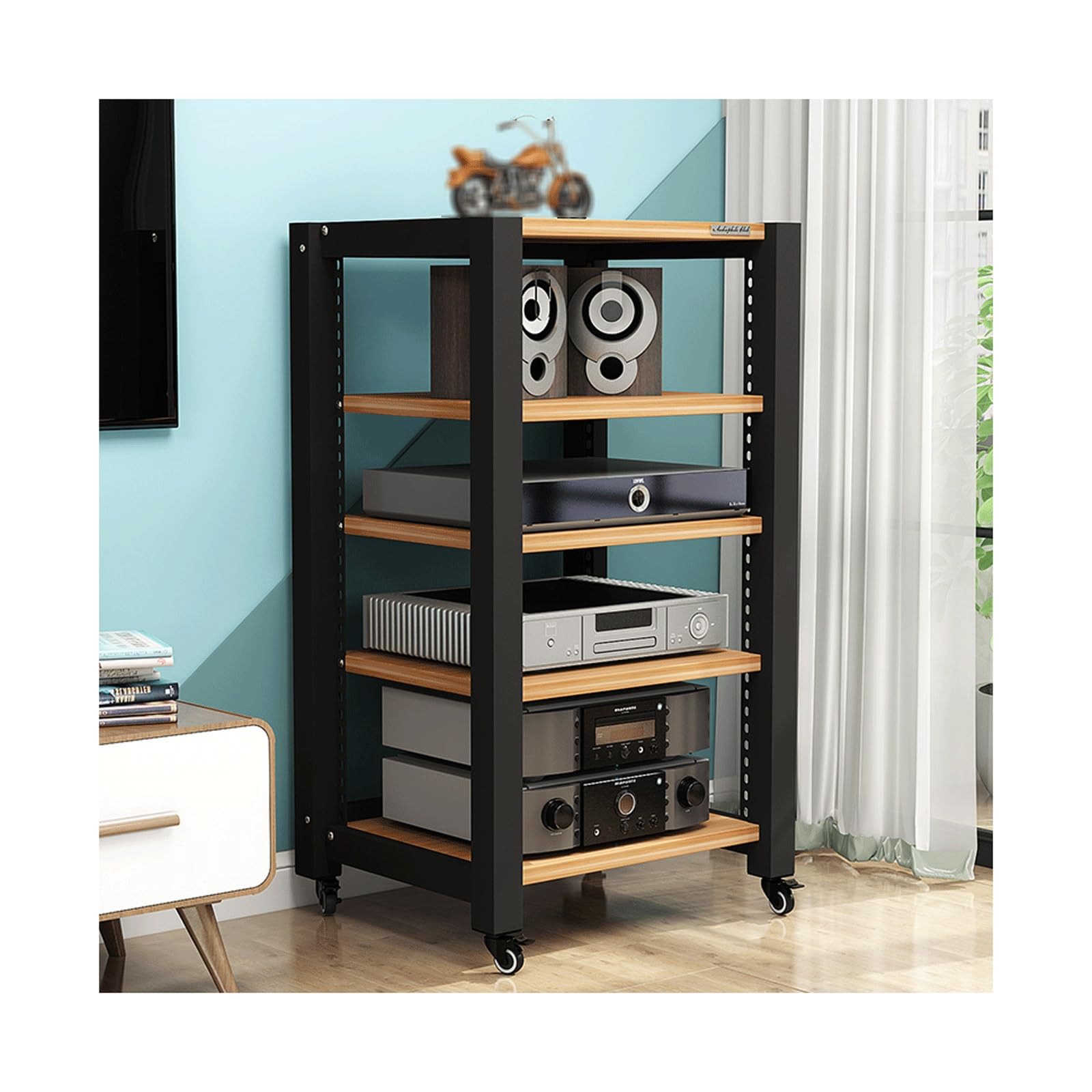 Regulowany stojak multimedialny AV z kółkami drewniany stojak do przechowywania HiFi Szafka stereo do odtwarzacza CD i konsoli do gier mobilny z półkami