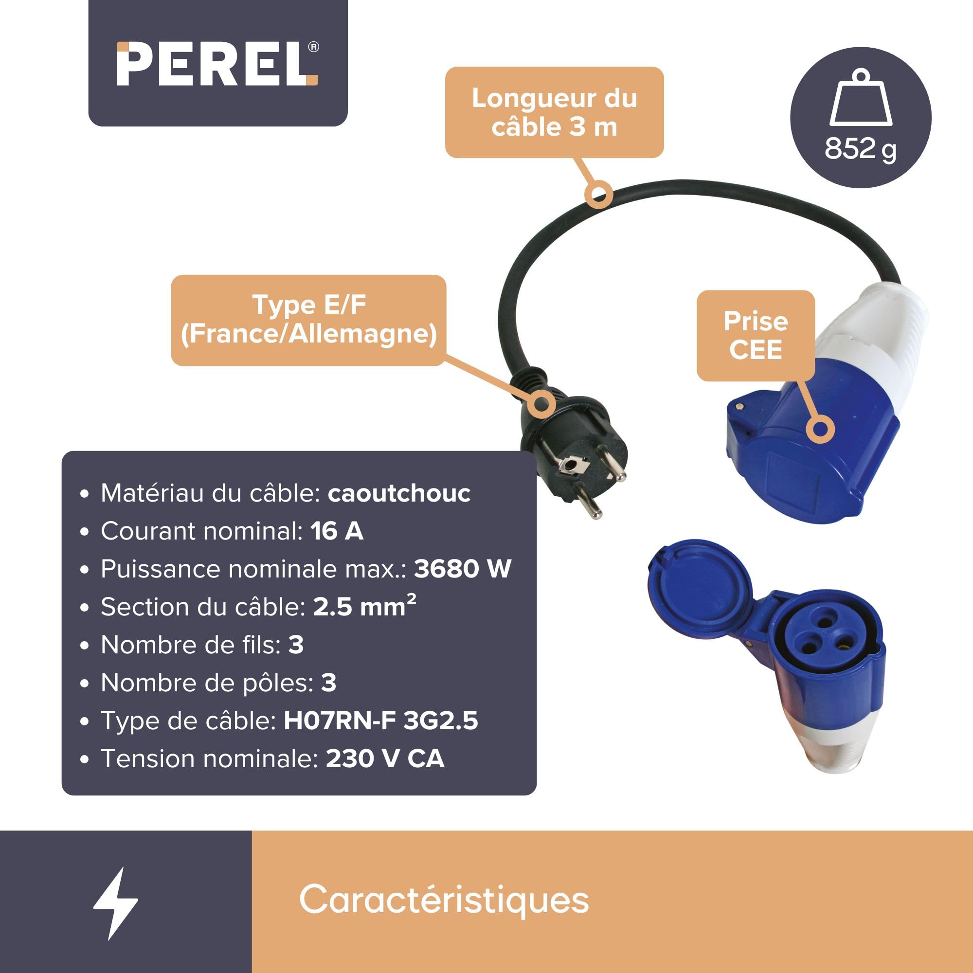 Perel CÂBLE ADAPTATEUR AVEC FICHE SCHUKO VERS PRISE CEE - 3 m