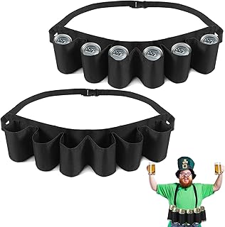 Jiuguva 2 Pcs 6 Pack Beer Belt Holder for Men 6 Cans Beer Can Holder for Drinking Adjustable Black Drinking Accessories for Halloween Christmas Men Women Outdoor Camping Hiking Picnic Party